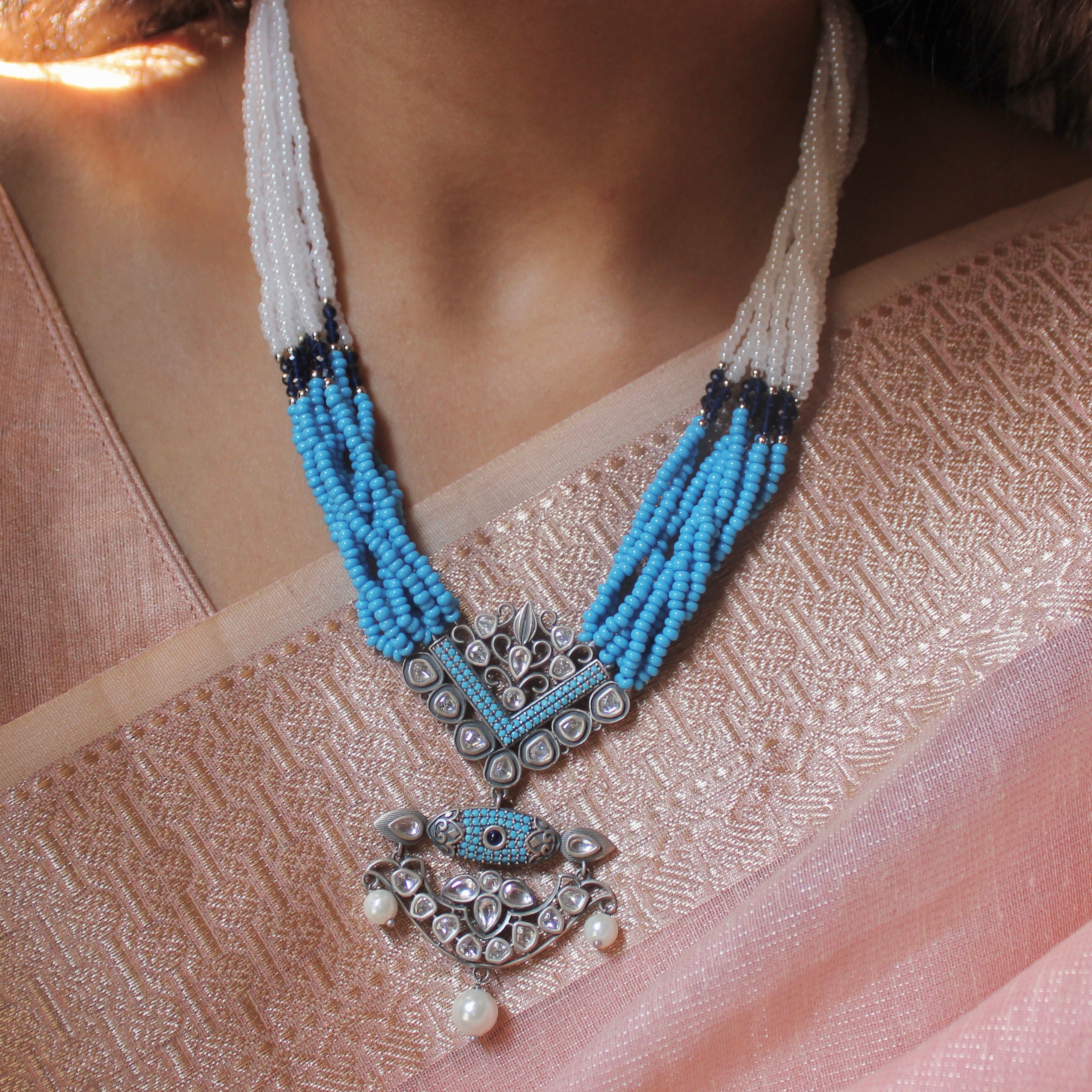 Blue & Zircon Stones Antique 925 Silver Long Necklace With Silver Jhumkas