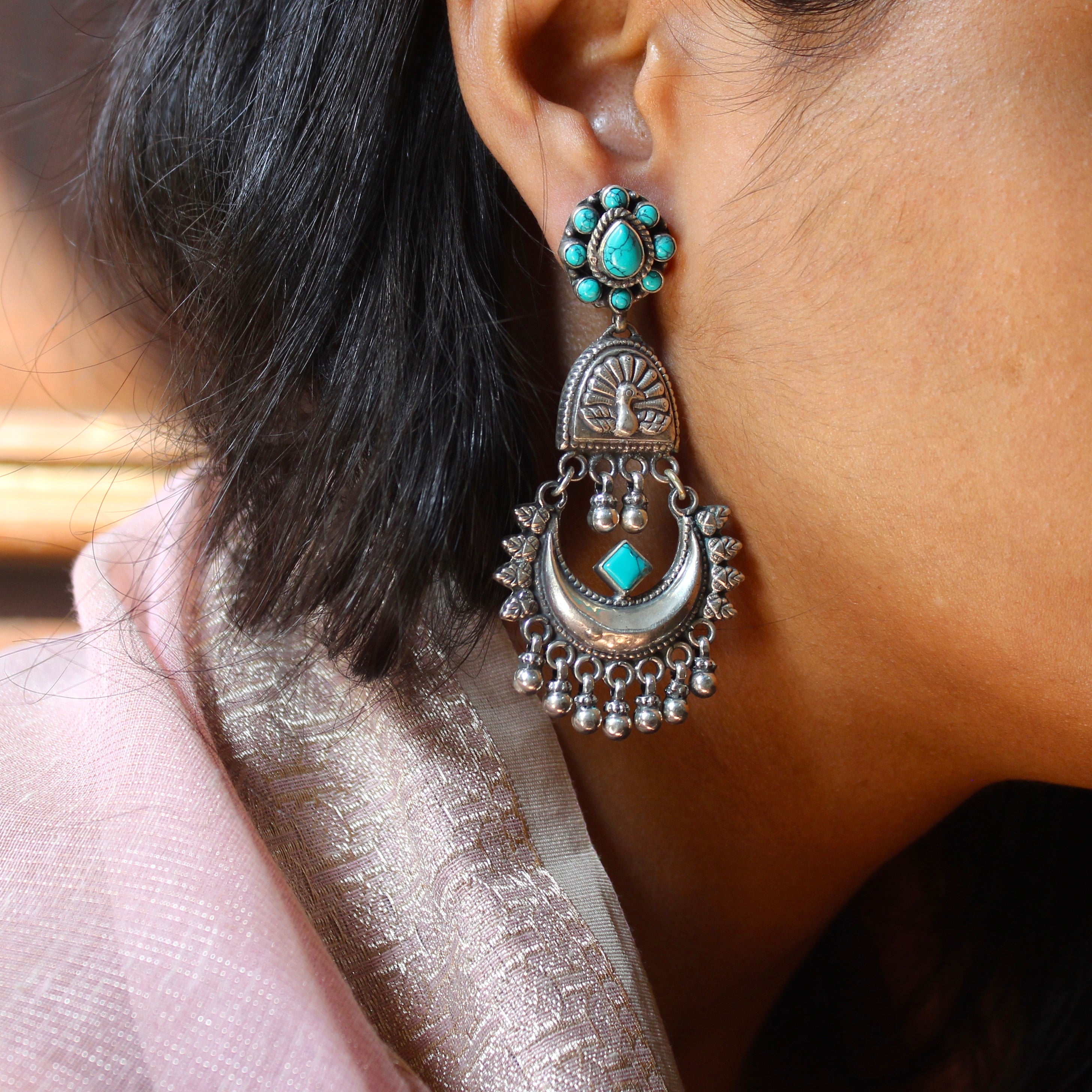 Teal Stones Antique Pure Oxidised Silver Chandbaliyan