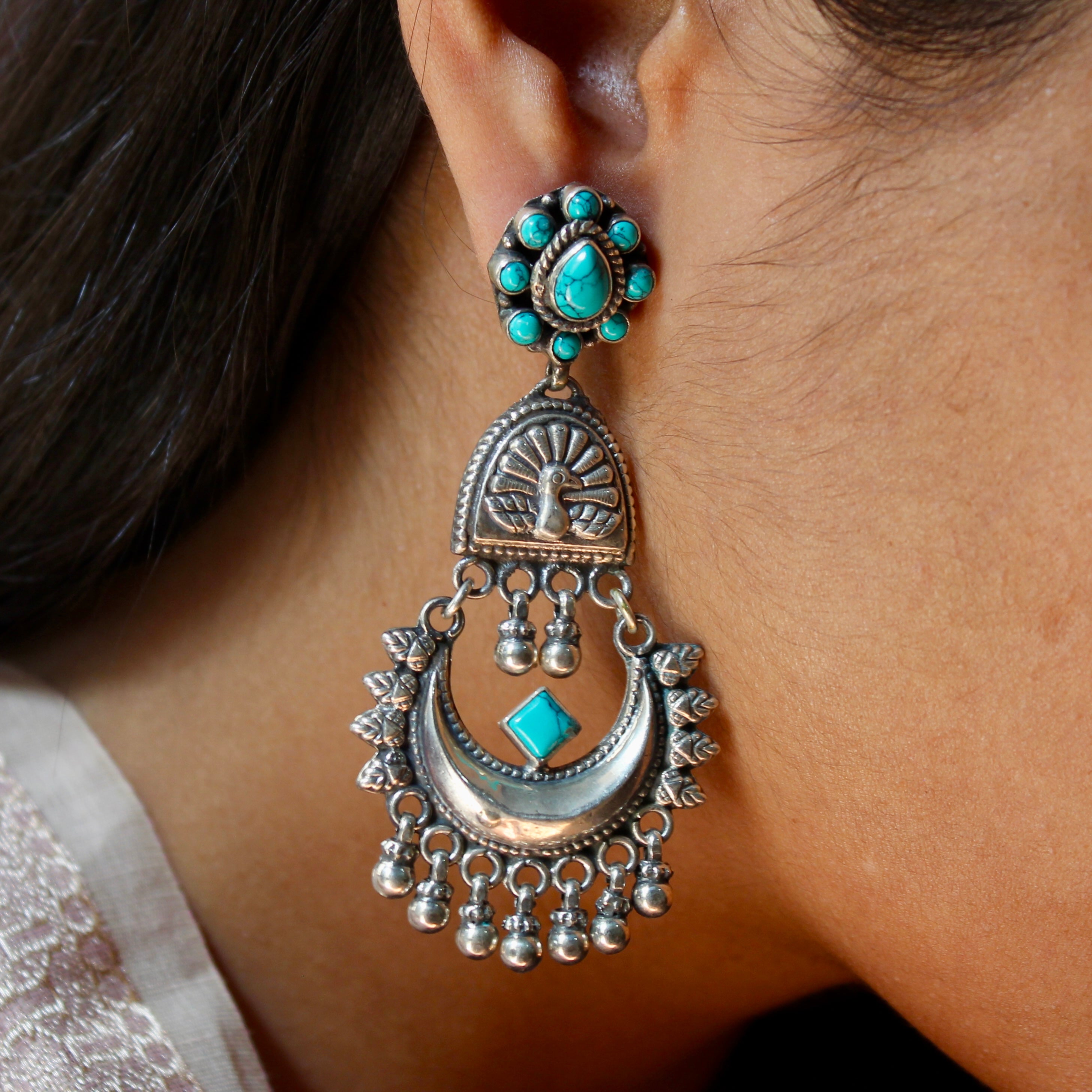 Teal Stones Antique Pure Oxidised Silver Chandbaliyan