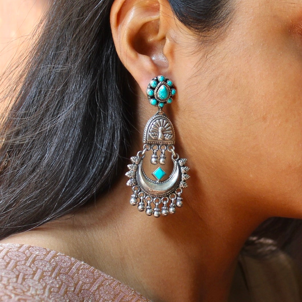 Teal Stones Antique Pure Oxidised Silver Chandbaliyan