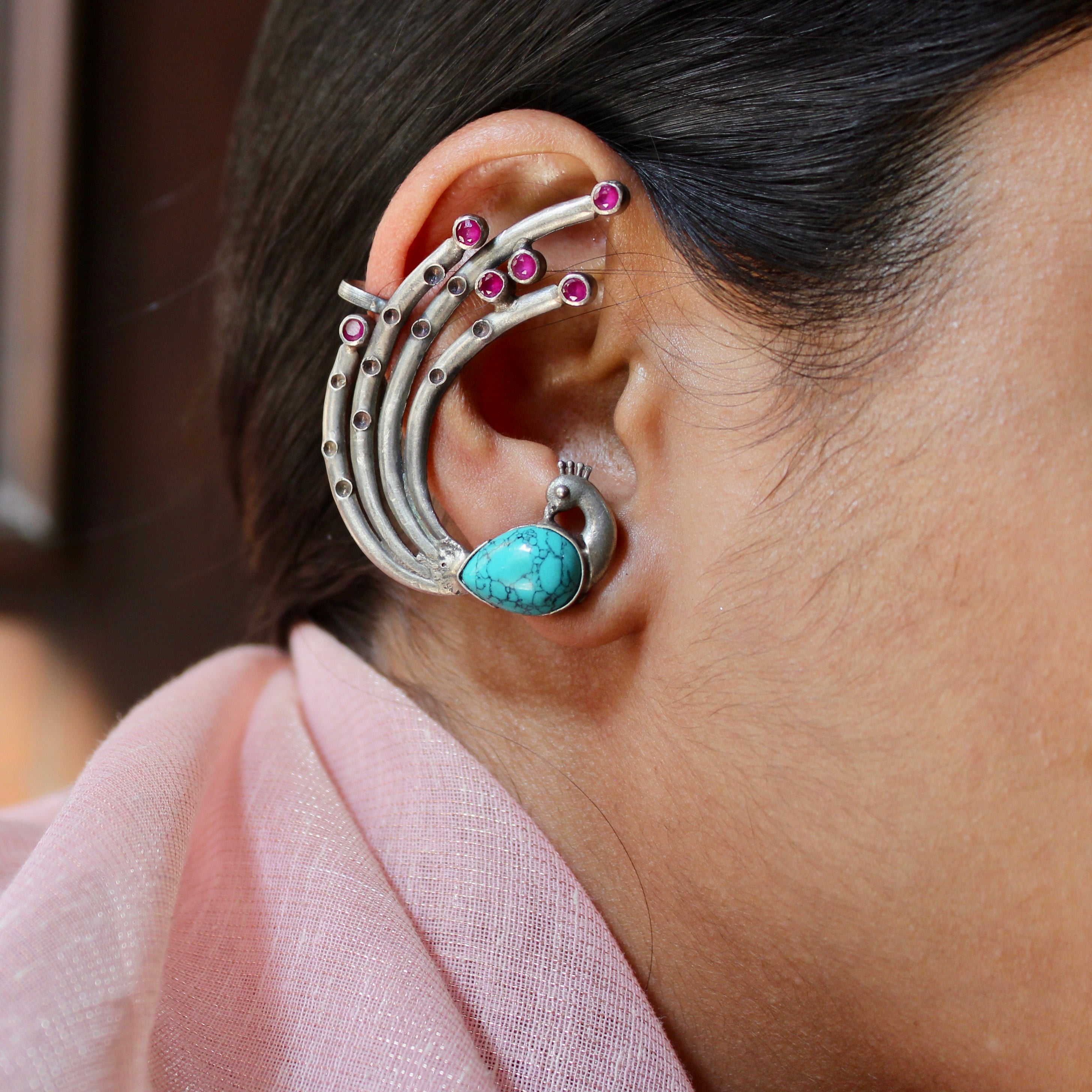 Peacock Antique Teal Stone Pure Silver Ear Cuffs