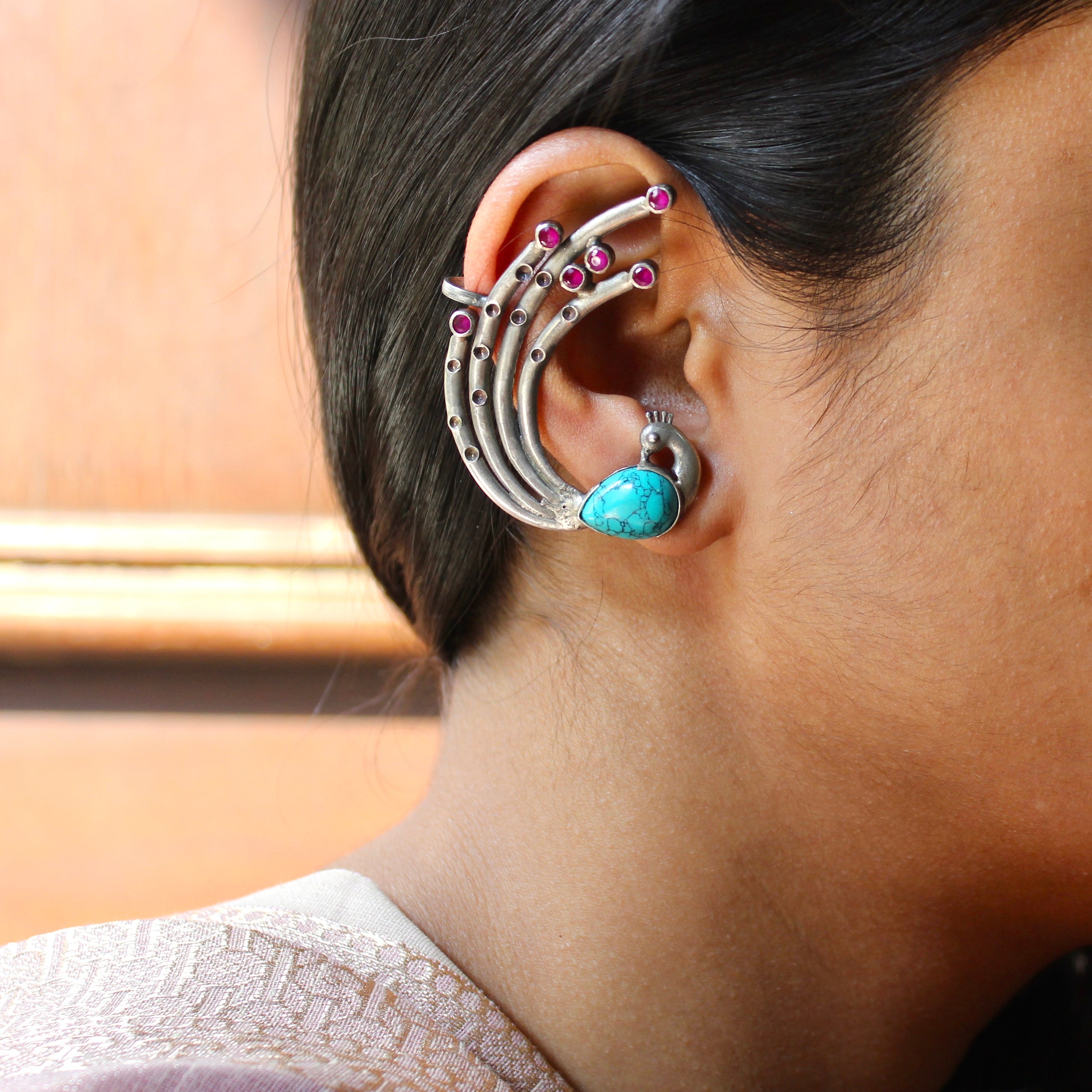 Peacock Antique Teal Stone Pure Silver Ear Cuffs