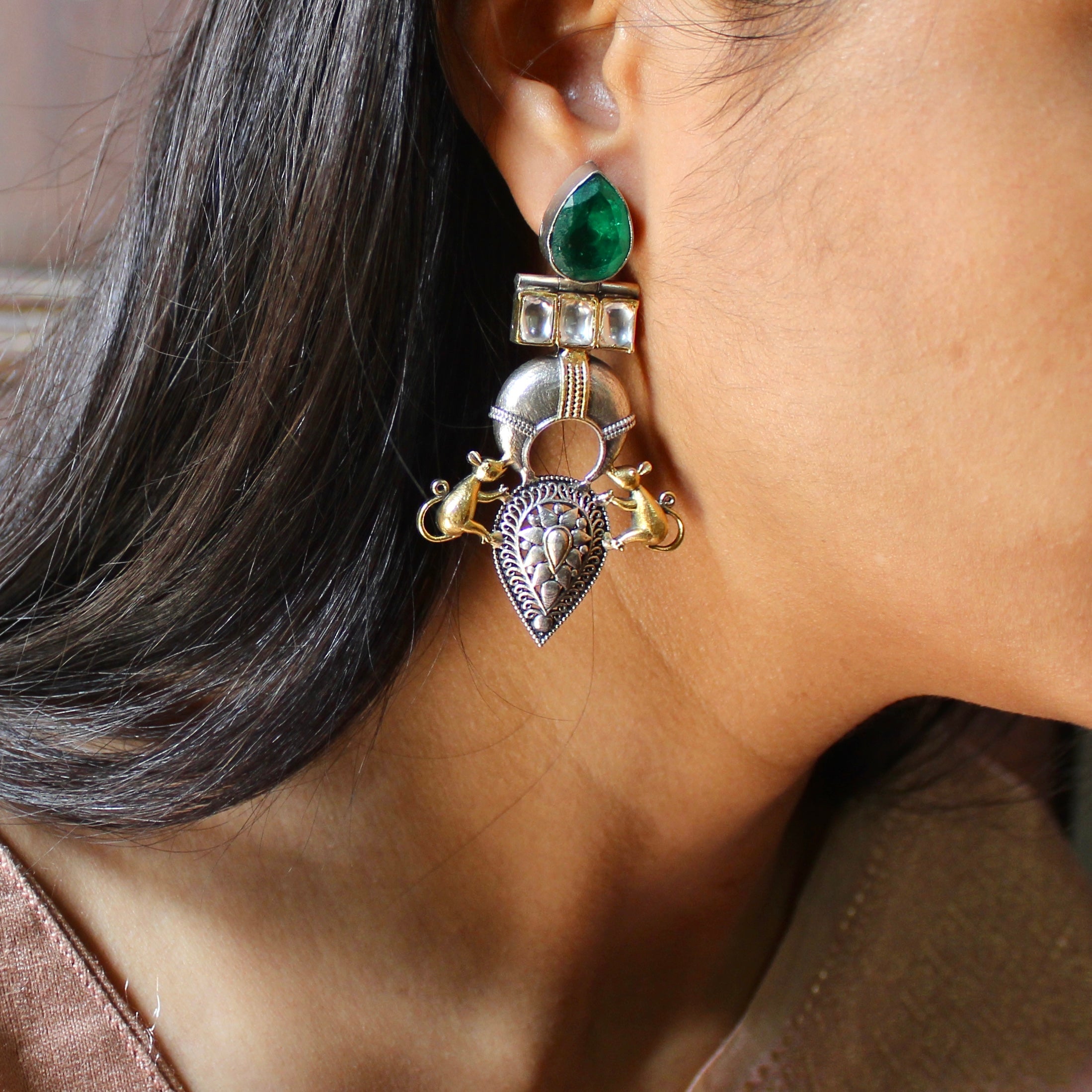 Emerald Stones Elephant Antique Pure Silver Hanging Jhumkas