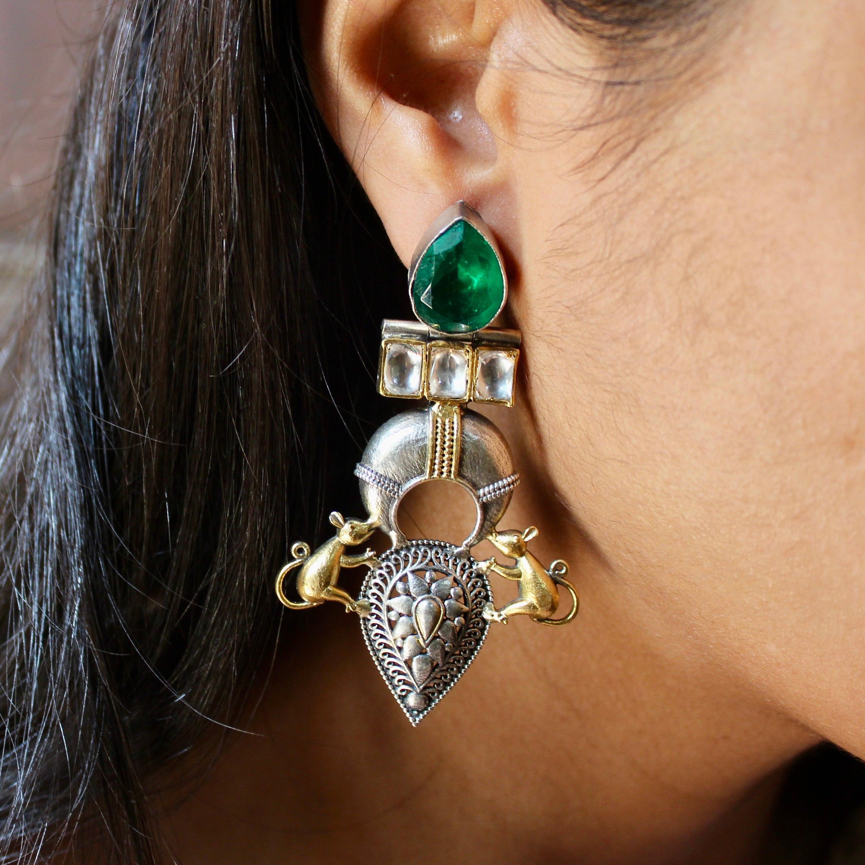 Emerald Stones Elephant Antique Pure Silver Hanging Jhumkas