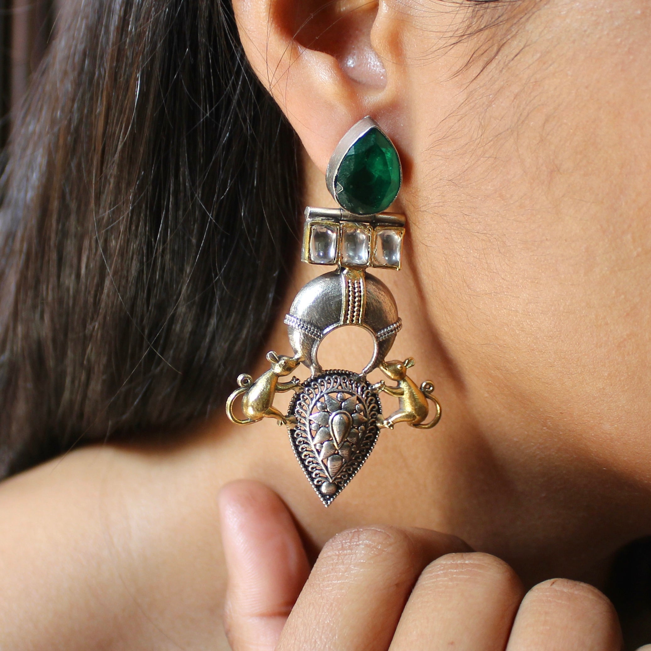 Emerald Stones Elephant Antique Pure Silver Hanging Jhumkas