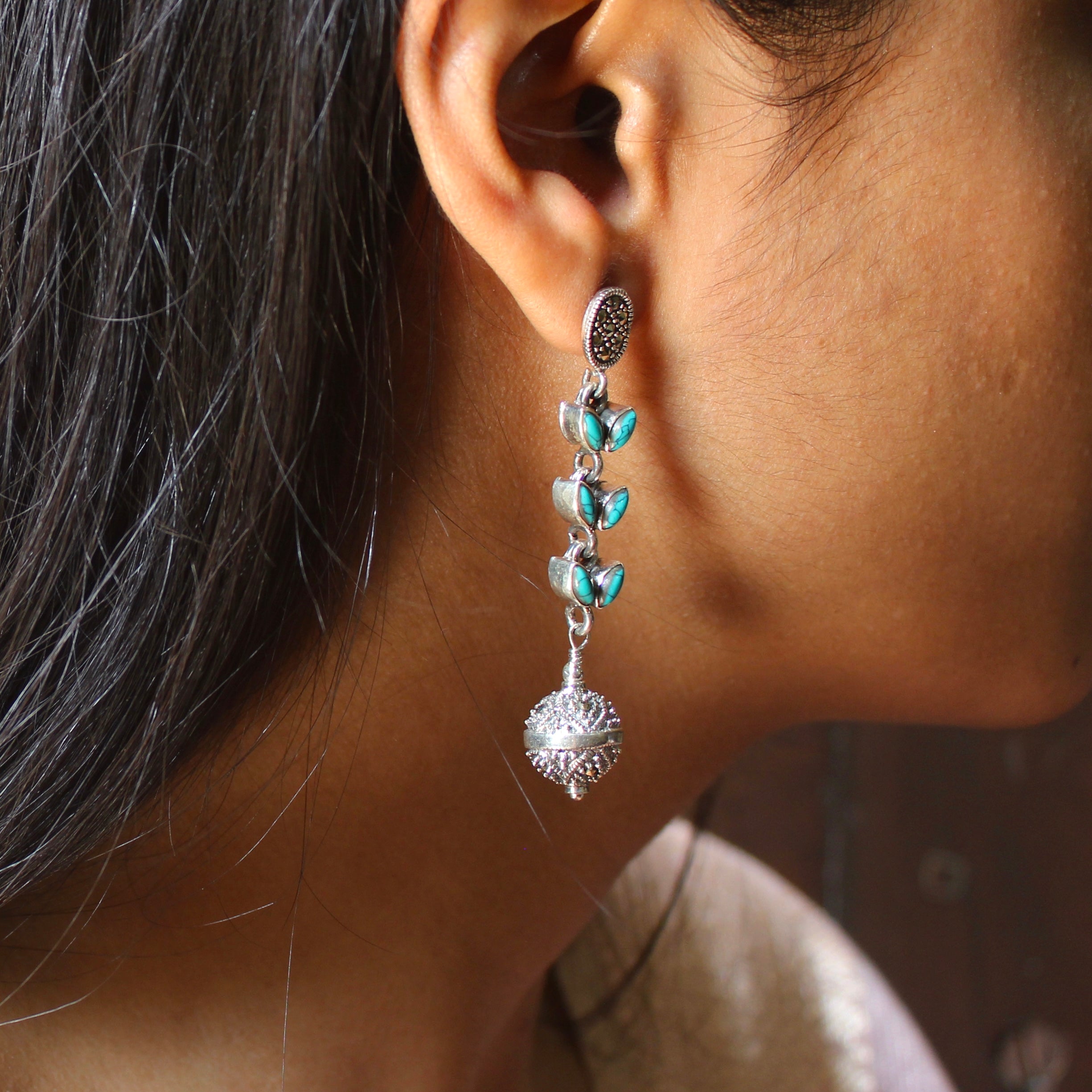 Teal Stones Leaf Hanging Pure Silver Jhumkas