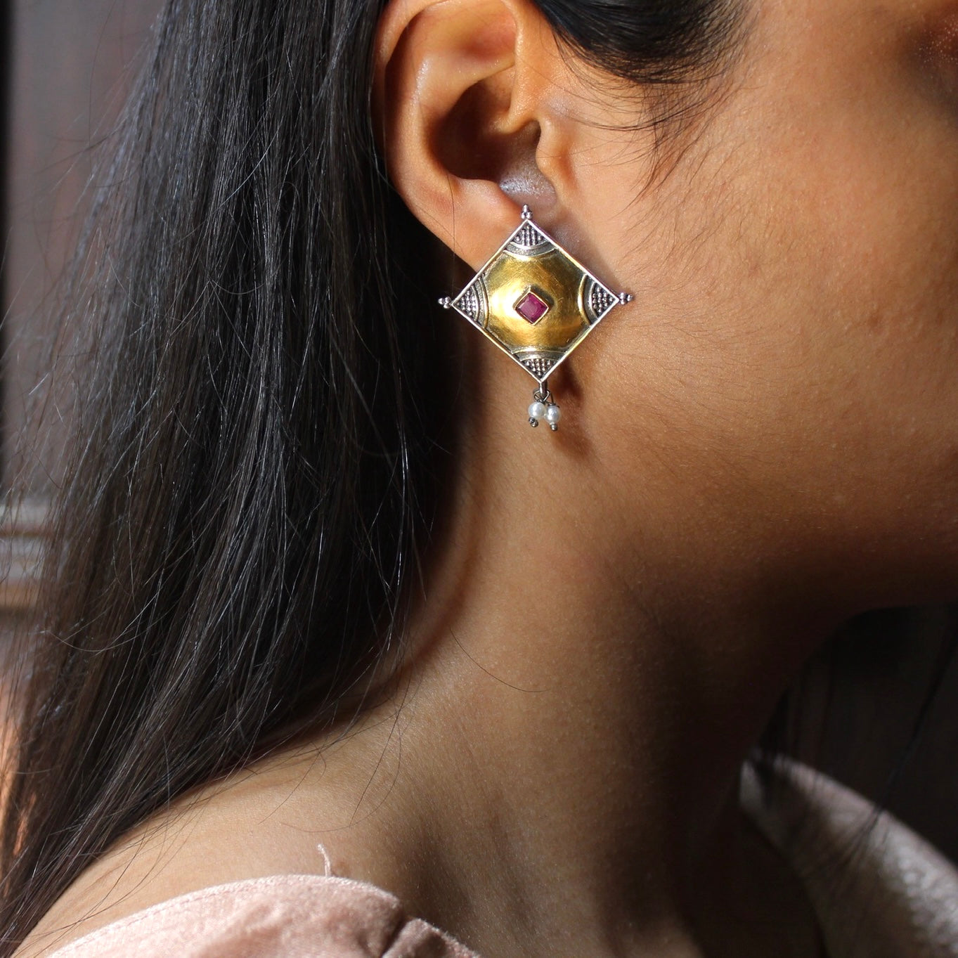 Ruby Stone at Center Antique Cube Pure Silver Studs in Gold Polish