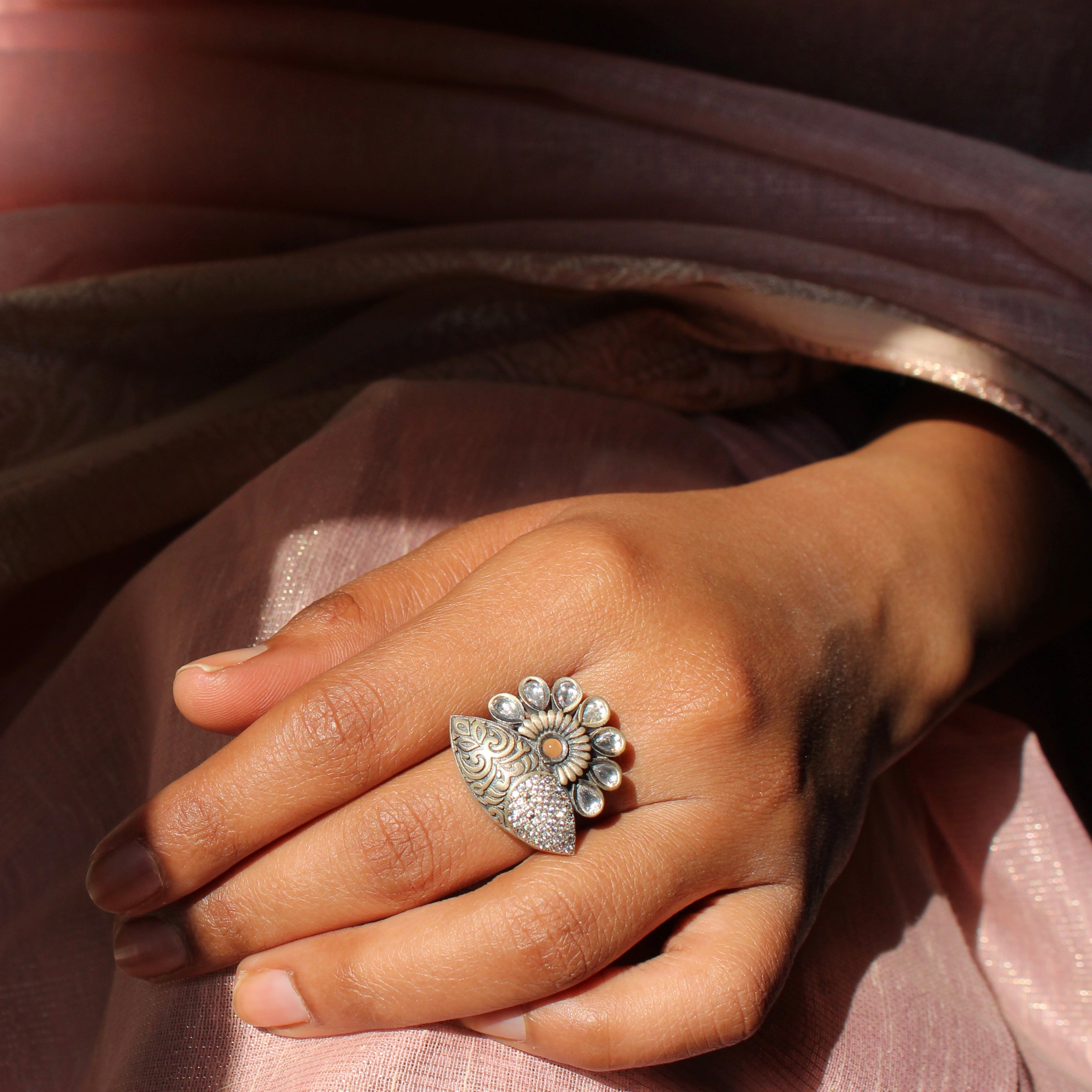 Sunrise Antique Pure Silver Ring With Zircon Stones- Free size