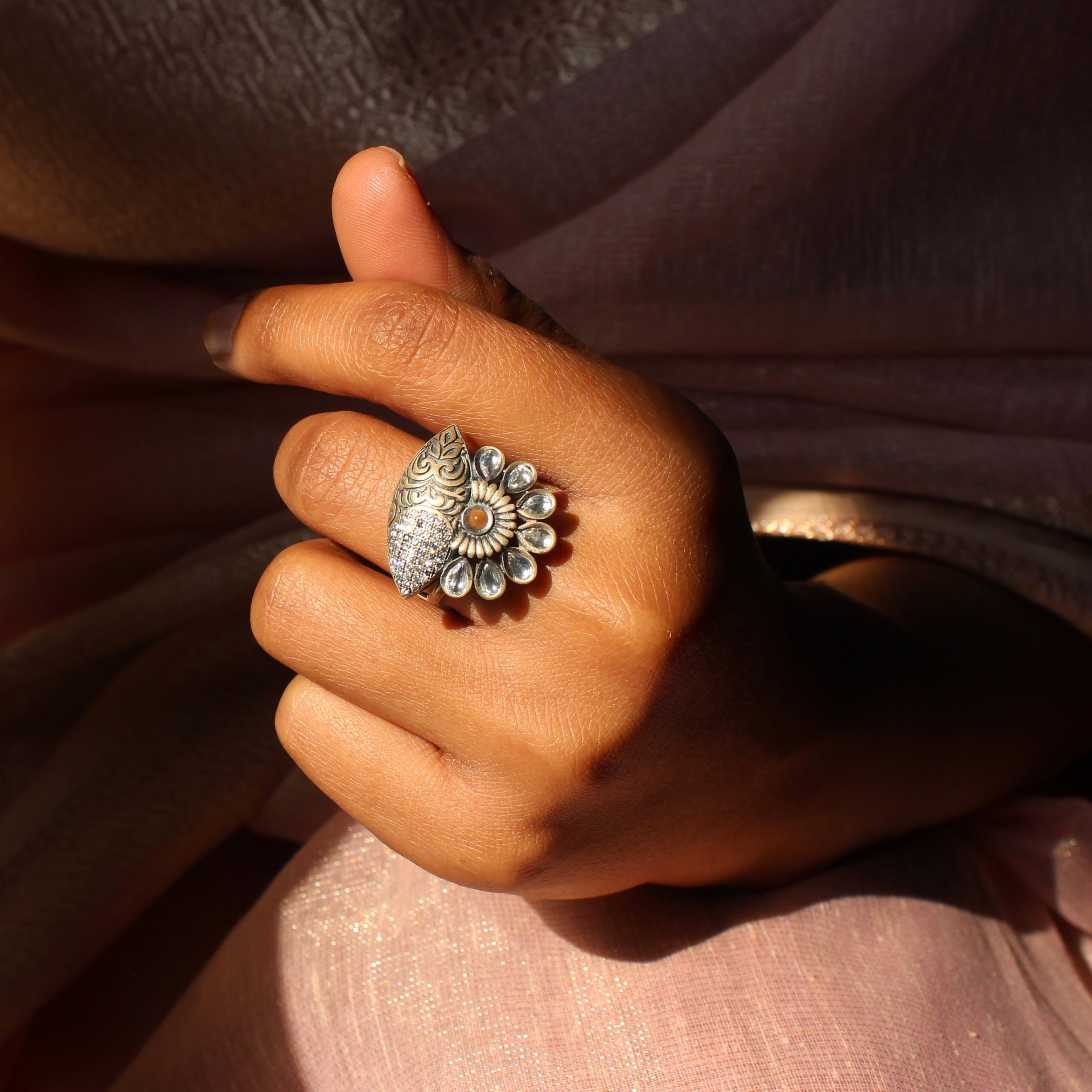 Sunrise Antique Pure Silver Ring With Zircon Stones- Free size