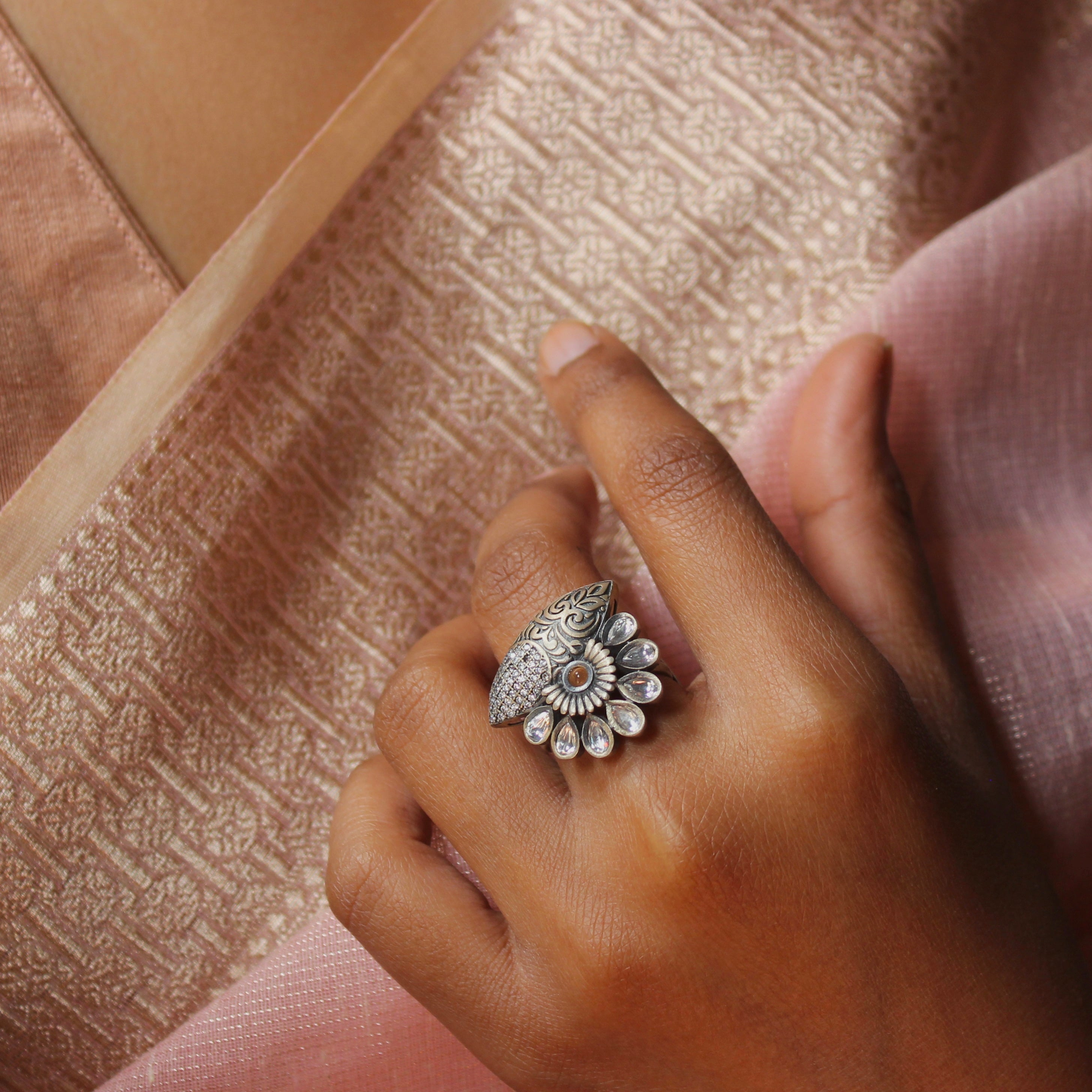 Sunrise Antique Pure Silver Ring With Zircon Stones- Free size