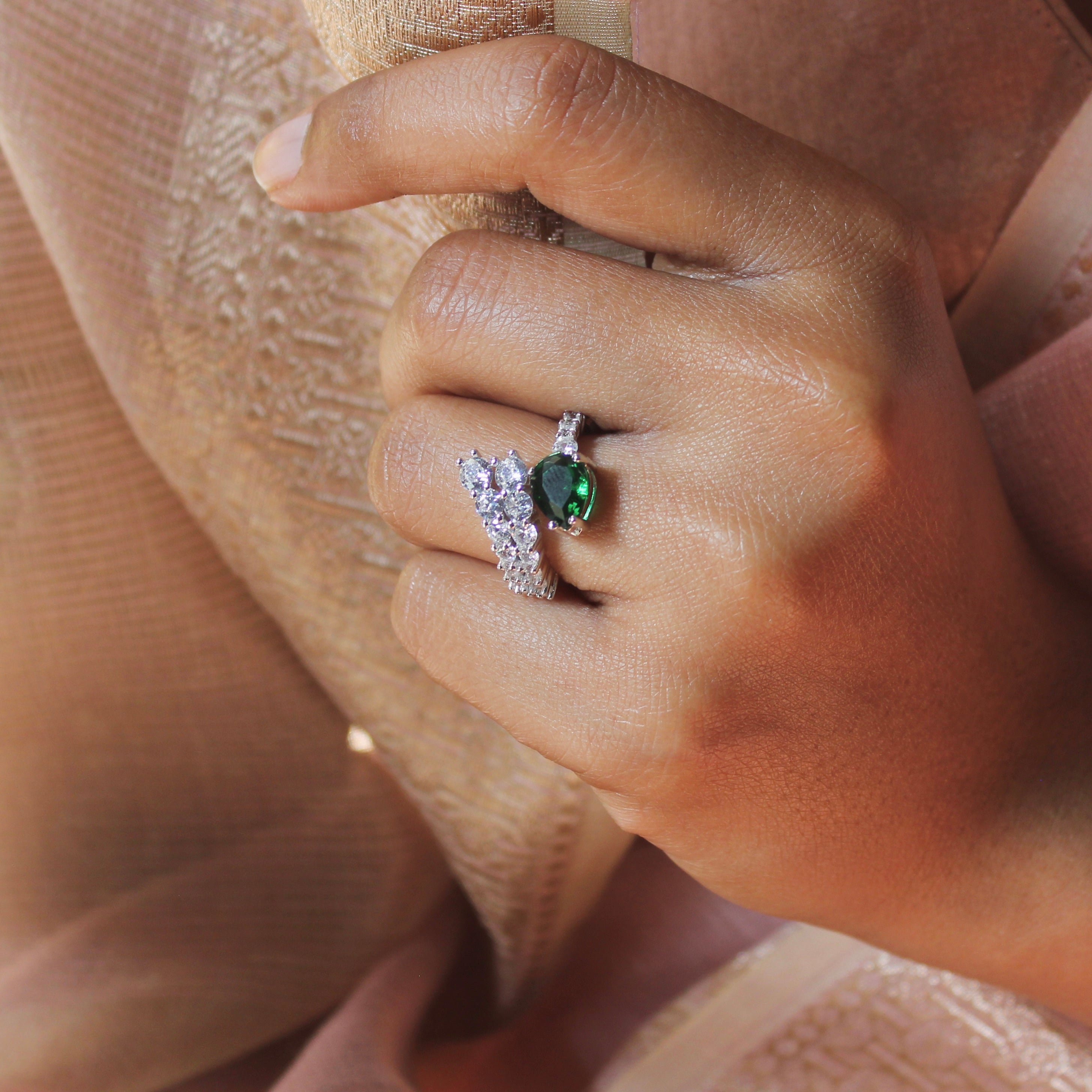 Emerald and Zircon Stones Connecting Pure Silver Party Ring- Free size