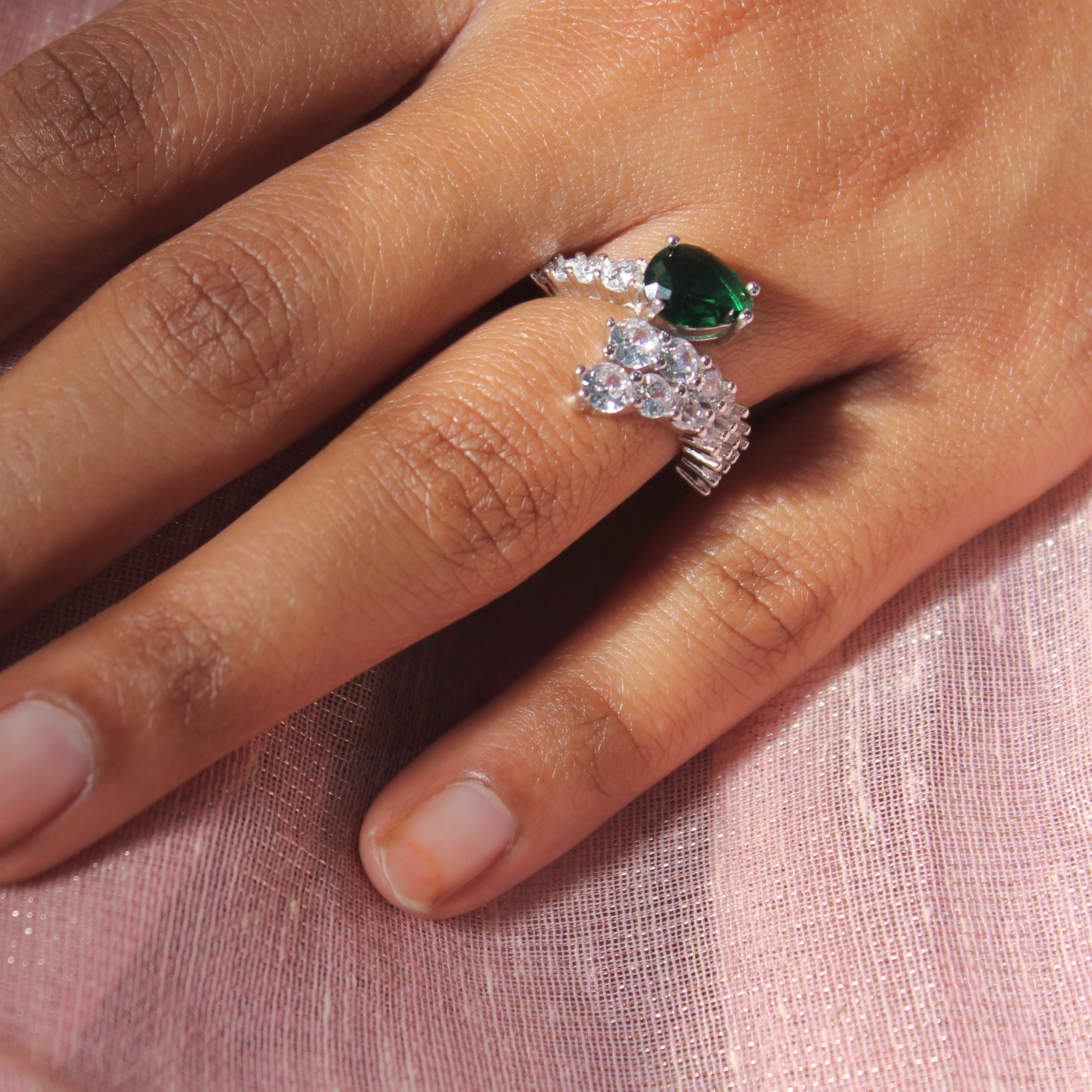 Emerald and Zircon Stones Connecting Pure Silver Party Ring- Free size