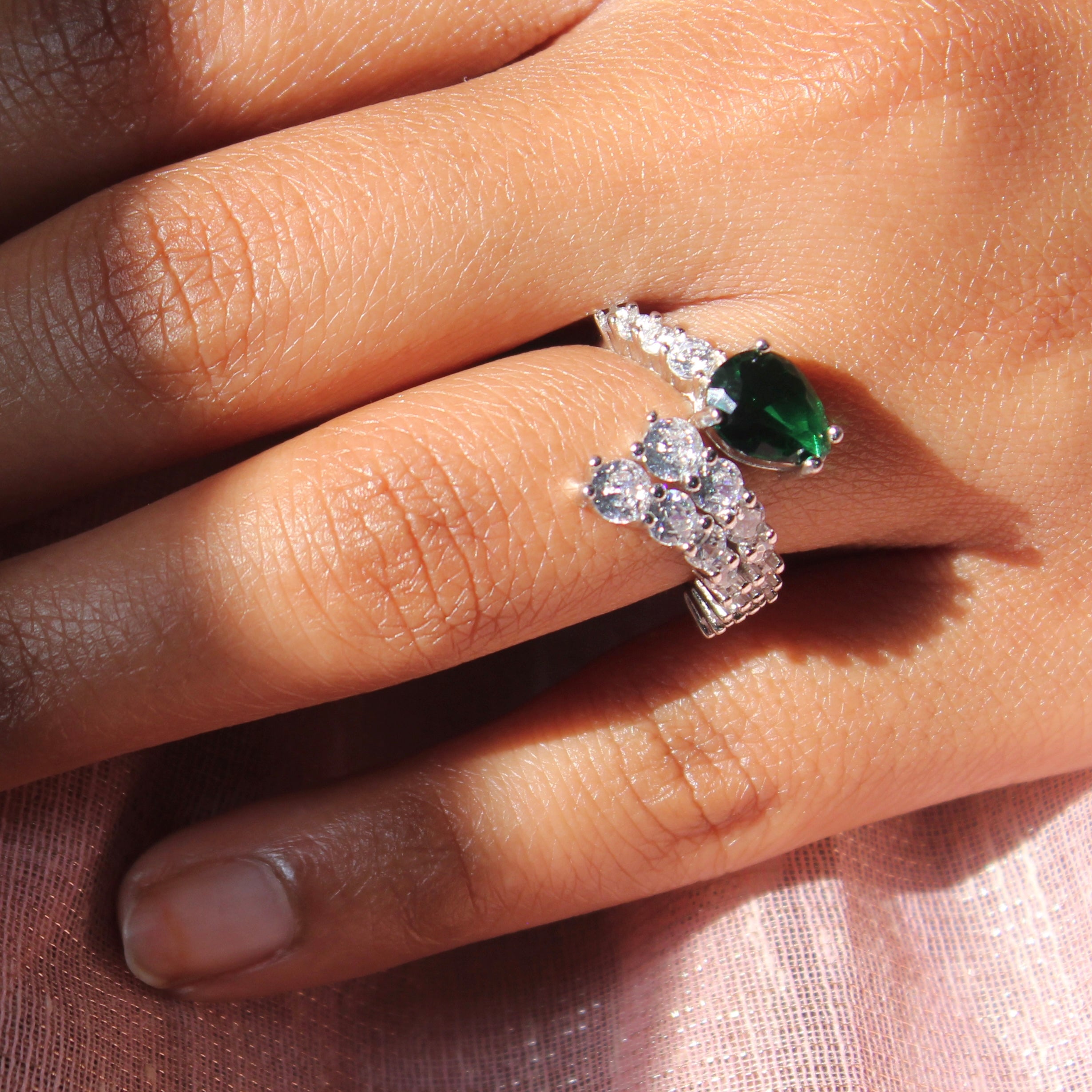 Emerald and Zircon Stones Connecting Pure Silver Party Ring- Free size