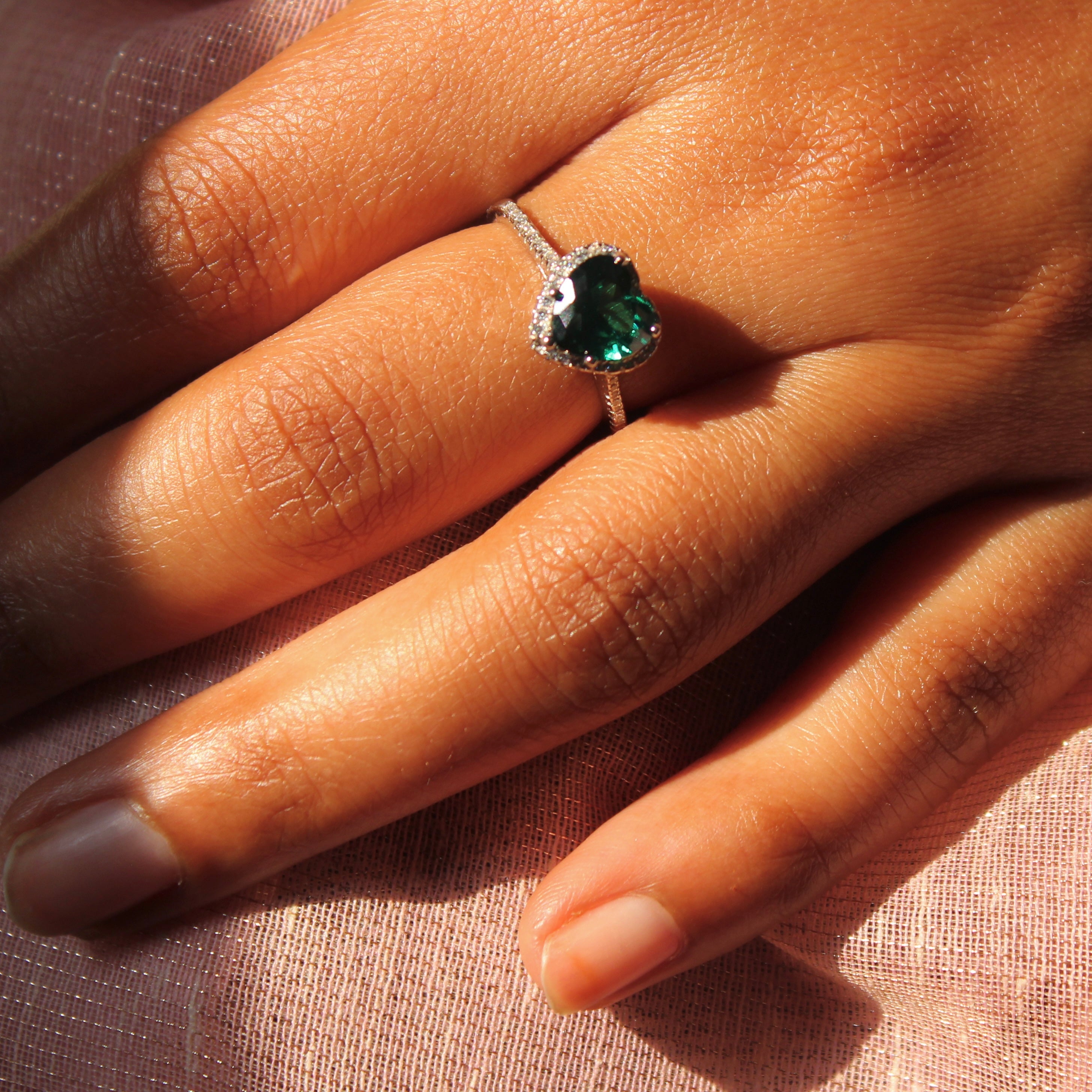 Emerald Heart Stone at Center Pure Silver Party Ring- Free size