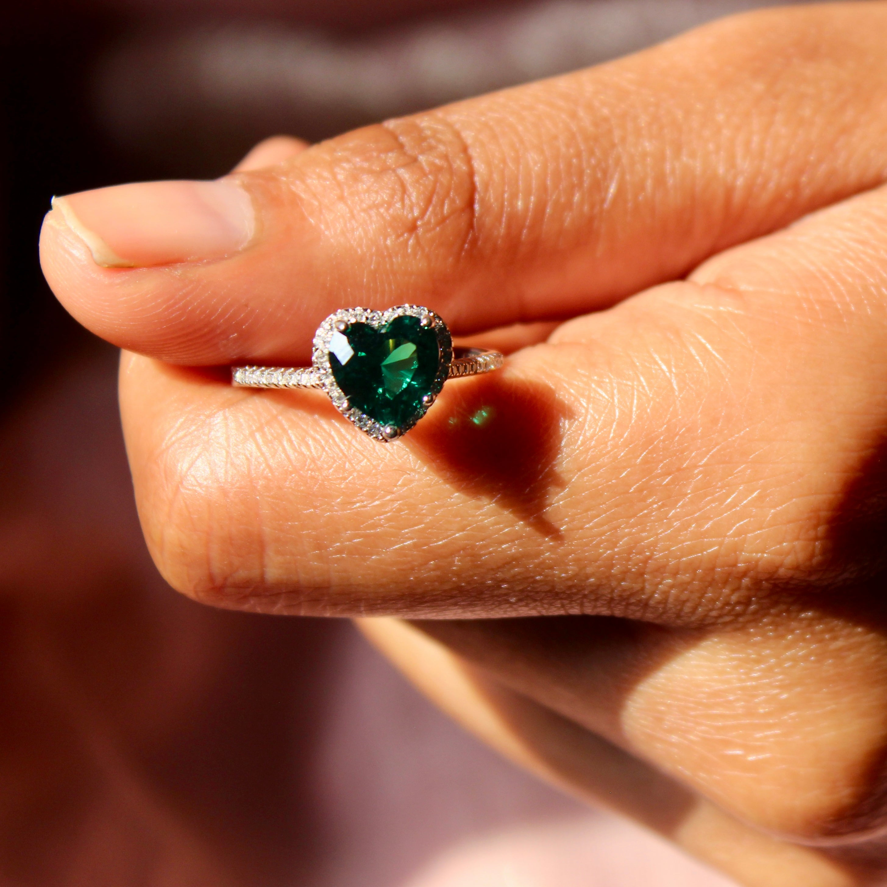 Emerald Heart Stone at Center Pure Silver Party Ring- Free size