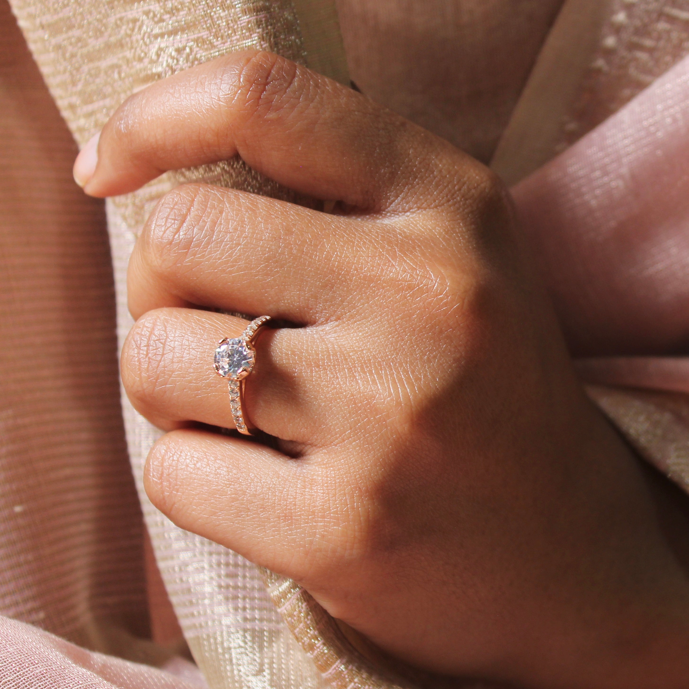 Big Solitaire Zircon Stones Classic Engagement Pure Silver Ring in Rose Gold Polish
