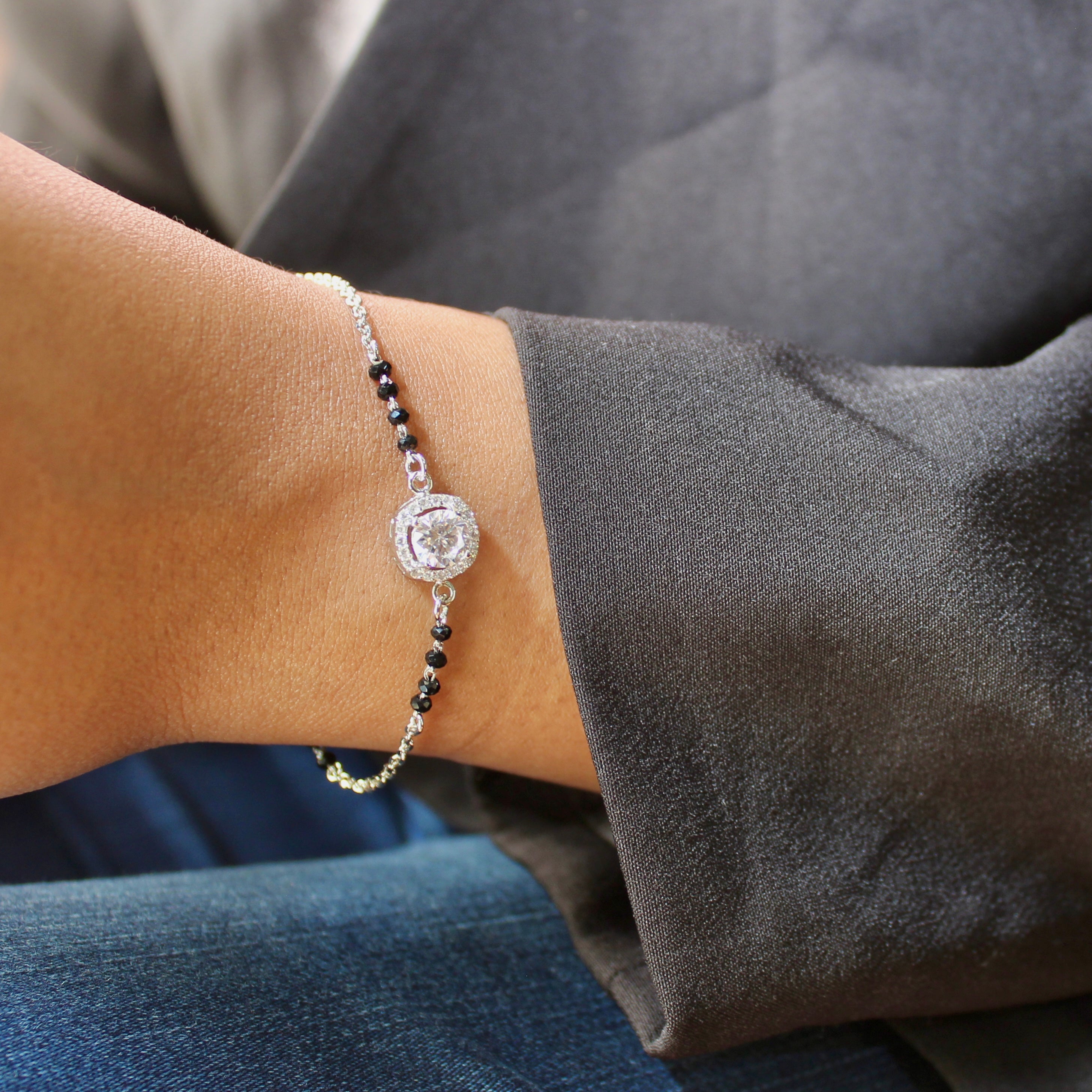Oval Zircon Stone Pure 925 Silver Mangalsutra Bracelet