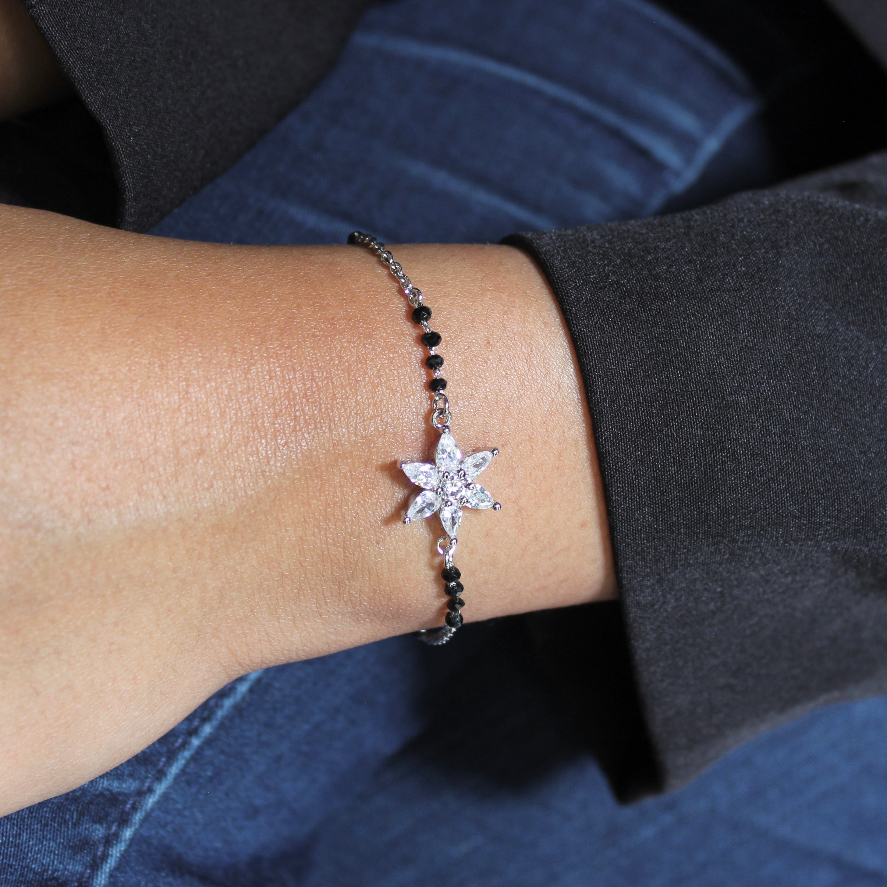Flower Zircon Stones Pure 925 Silver Mangalsutra Bracelet