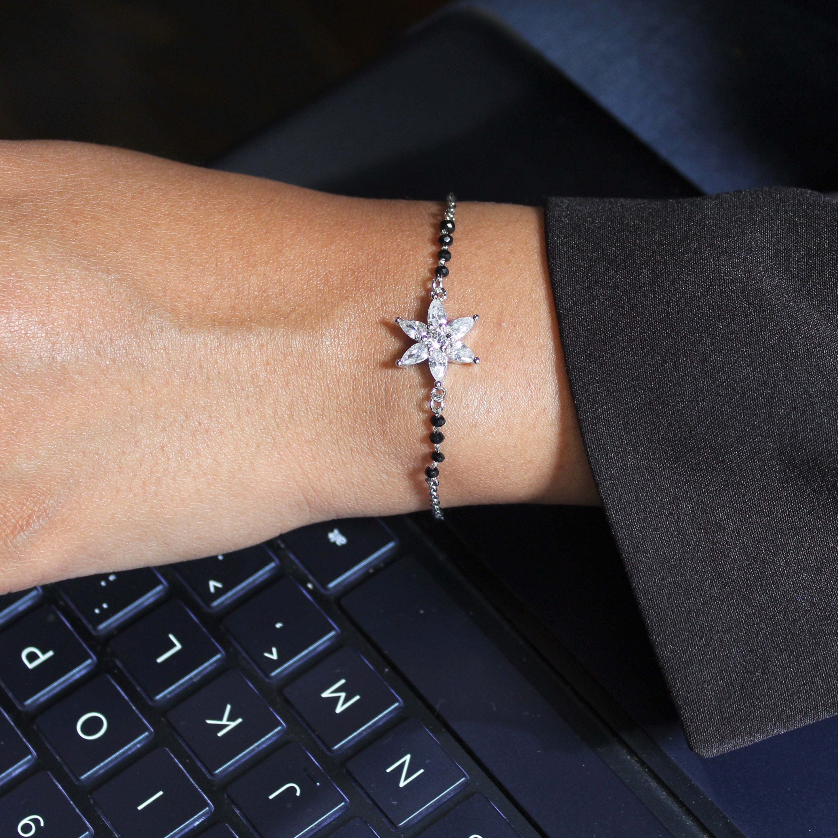 Flower Zircon Stones Pure 925 Silver Mangalsutra Bracelet