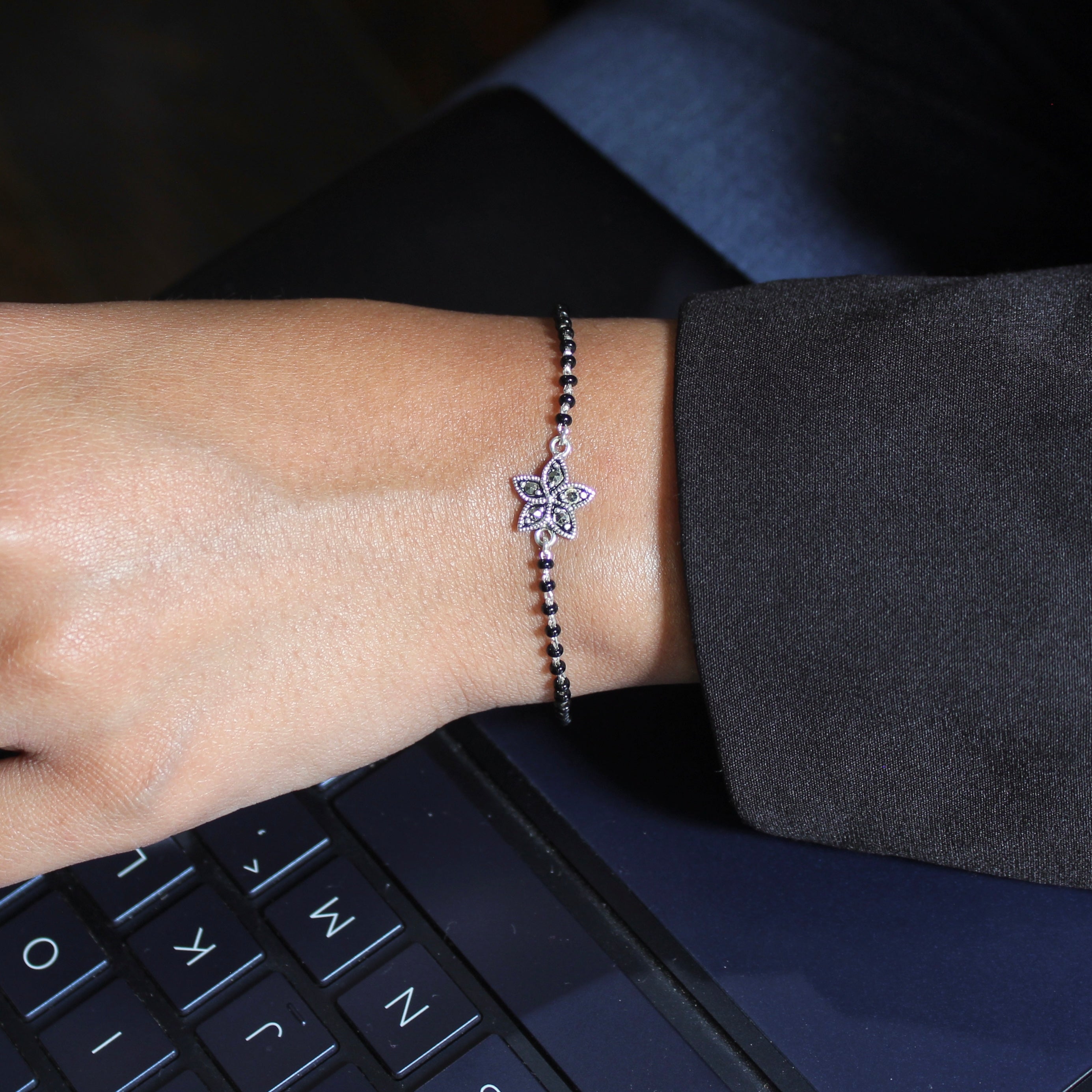Petals Oxidised Charm Pure 925 Silver Mangalsutra Bracelet