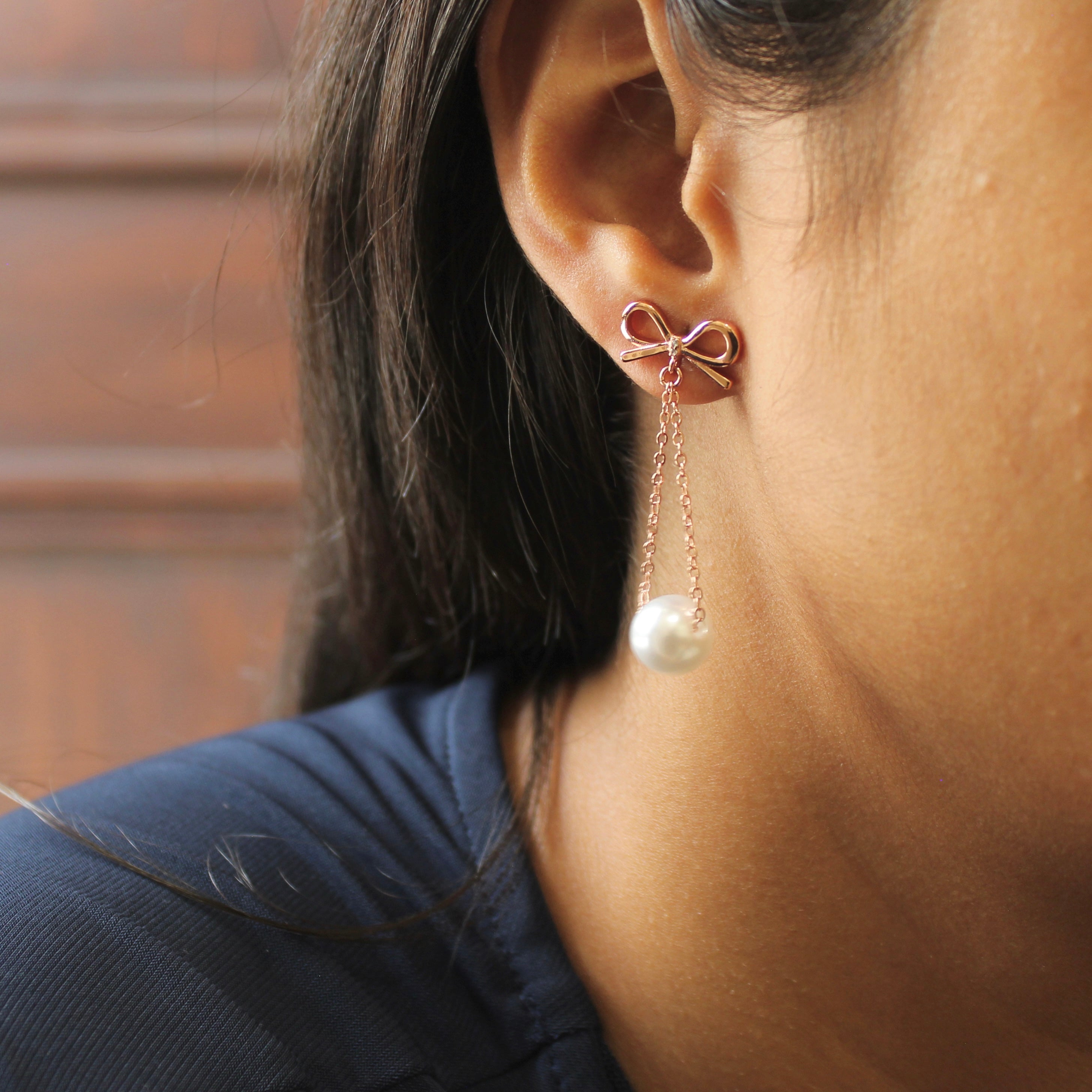 Bow With Hanging Pearl Drop Earrings in Rose Gold 925 Silver
