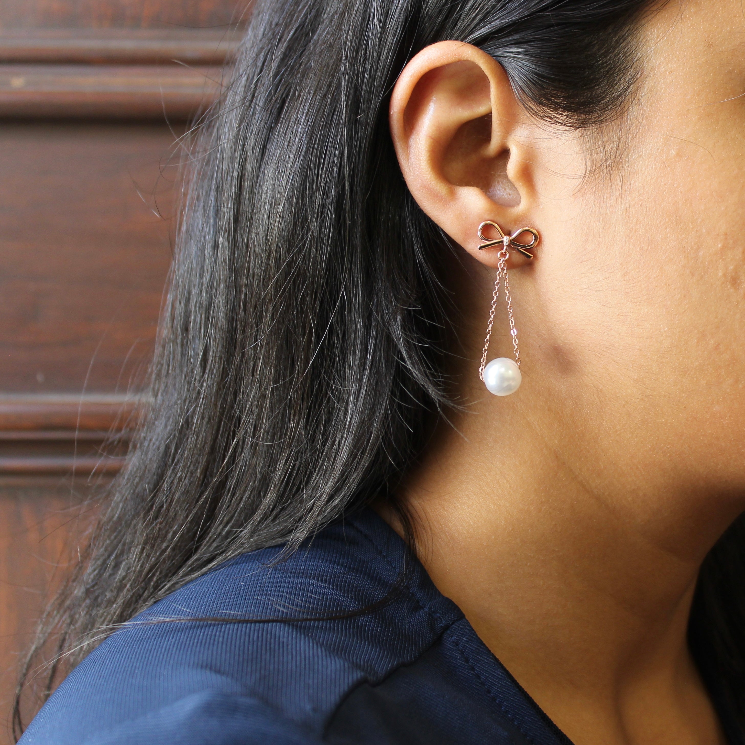 Bow With Hanging Pearl Drop Earrings in Rose Gold 925 Silver