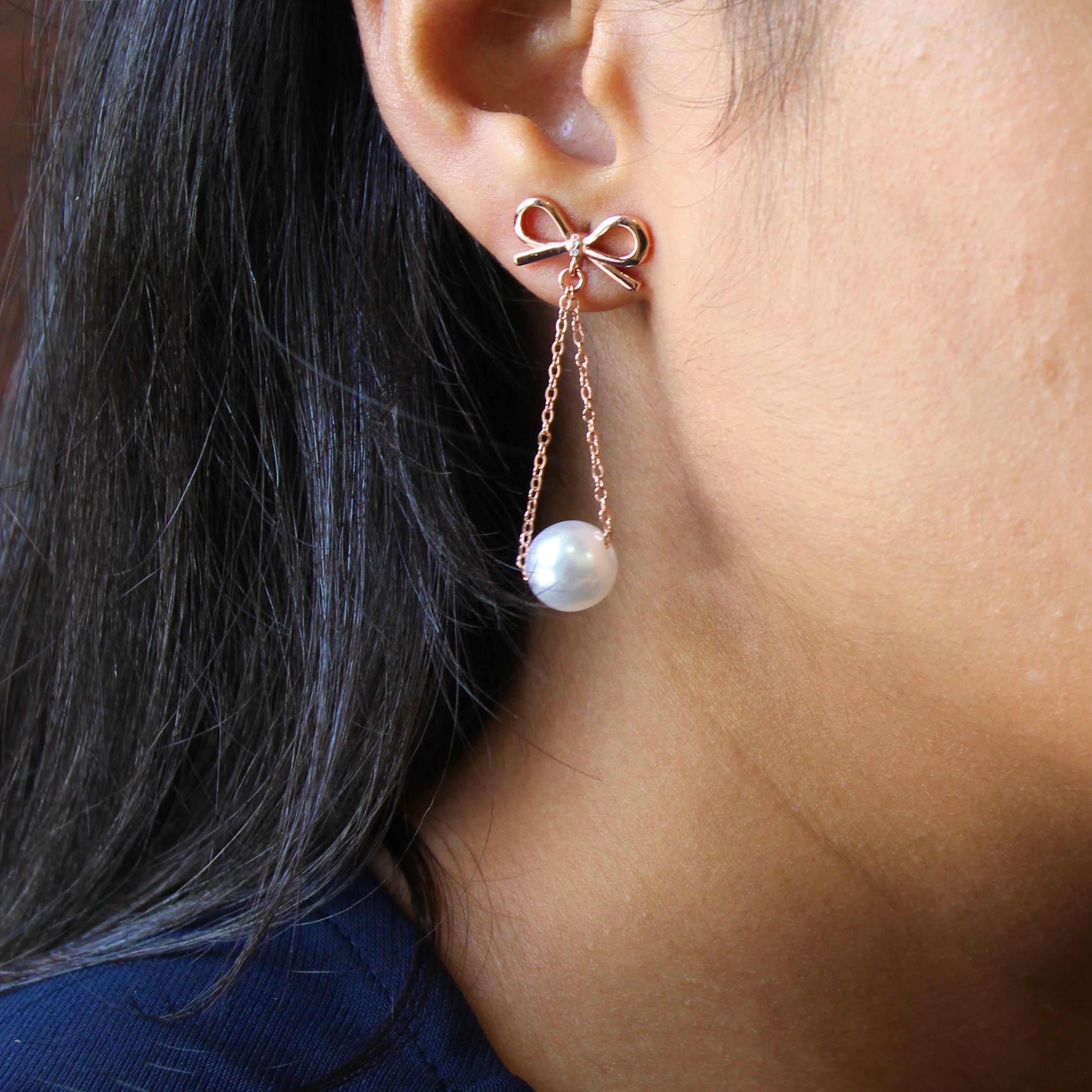 Bow With Hanging Pearl Drop Earrings in Rose Gold 925 Silver