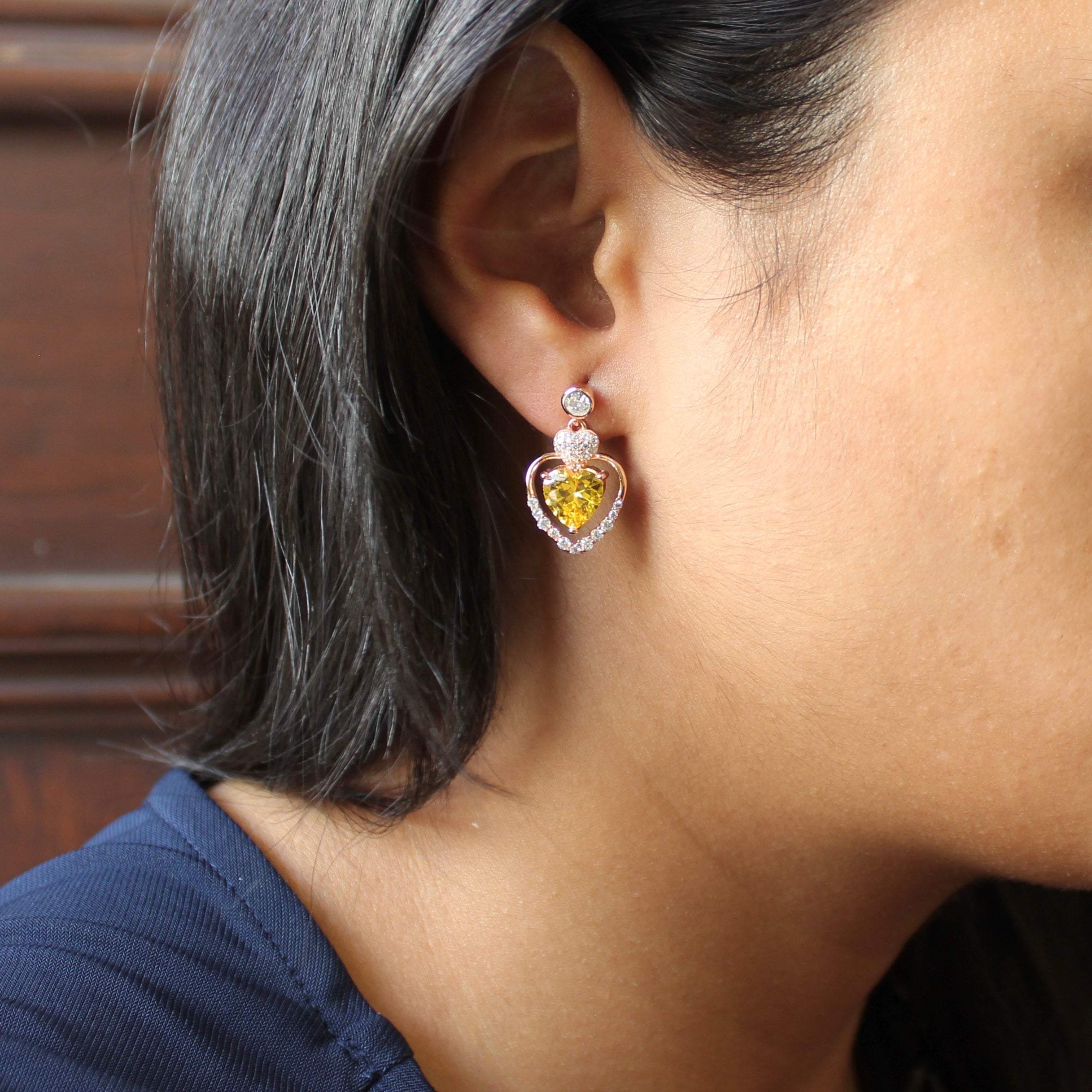 Yellow Stones Heart Drop Earrings in Rose Gold 925 Silver
