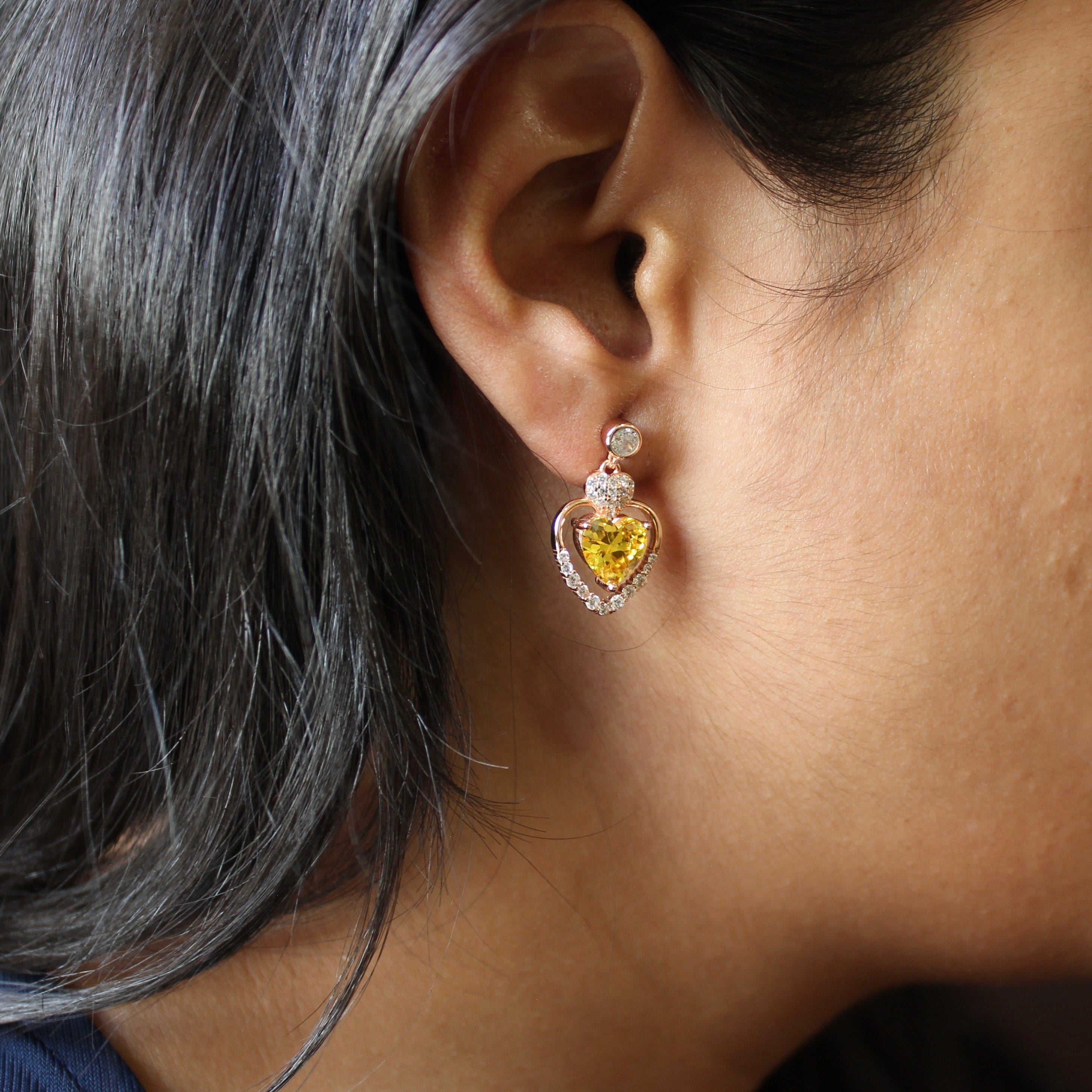 Yellow Stones Heart Drop Earrings in Rose Gold 925 Silver