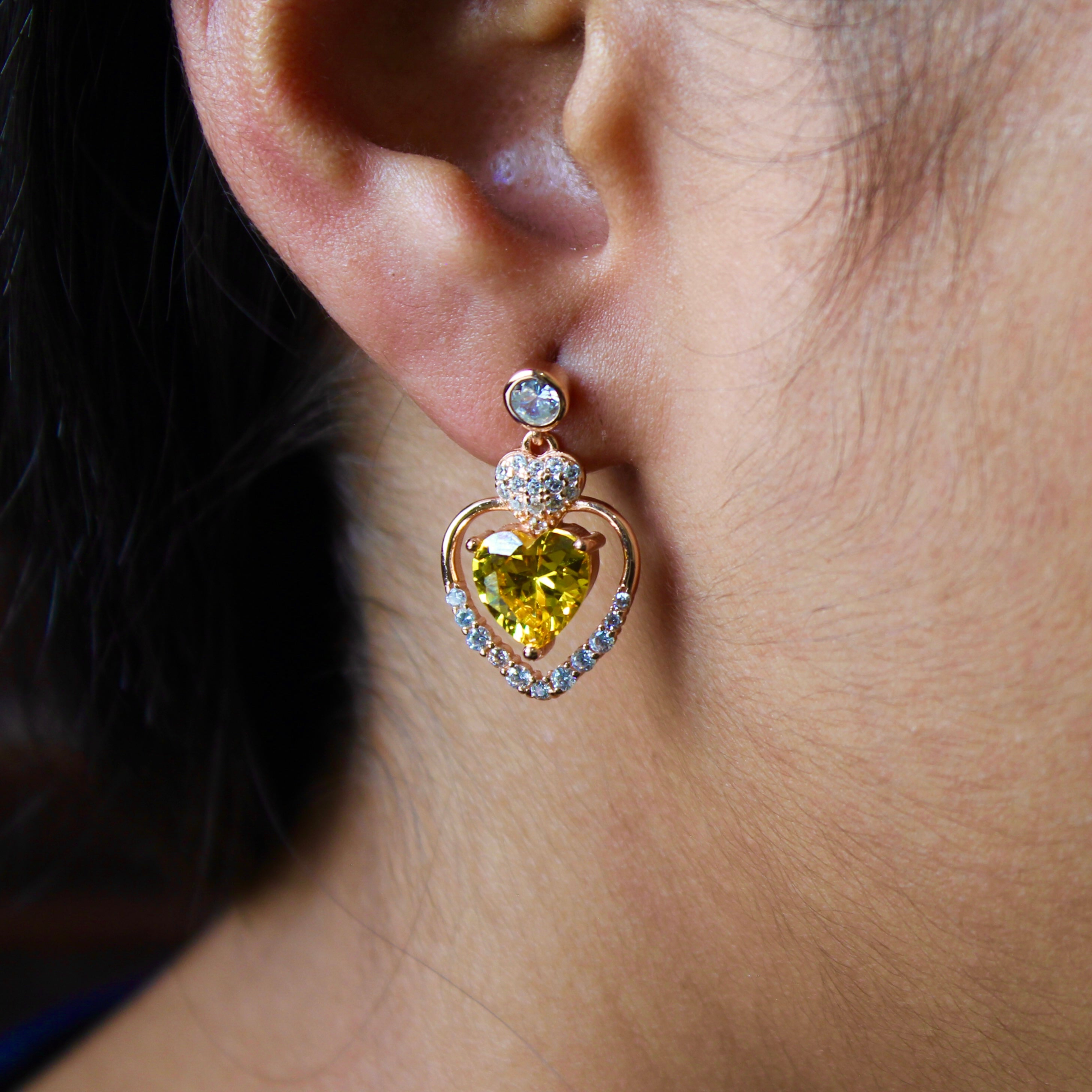 Yellow Stones Heart Drop Earrings in Rose Gold 925 Silver