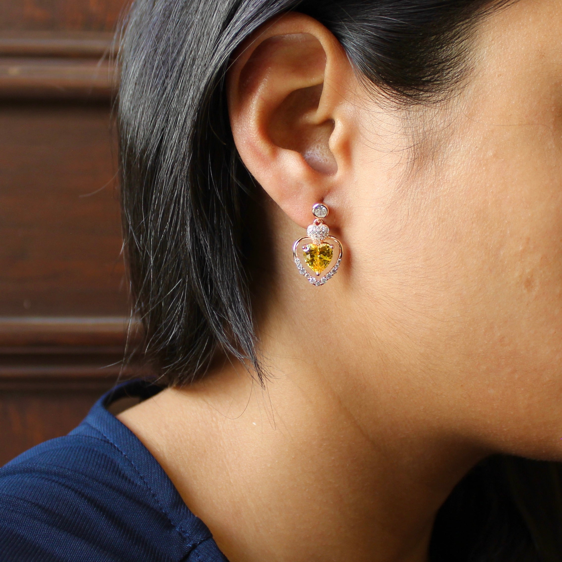 Yellow Stones Heart Drop Earrings in Rose Gold 925 Silver