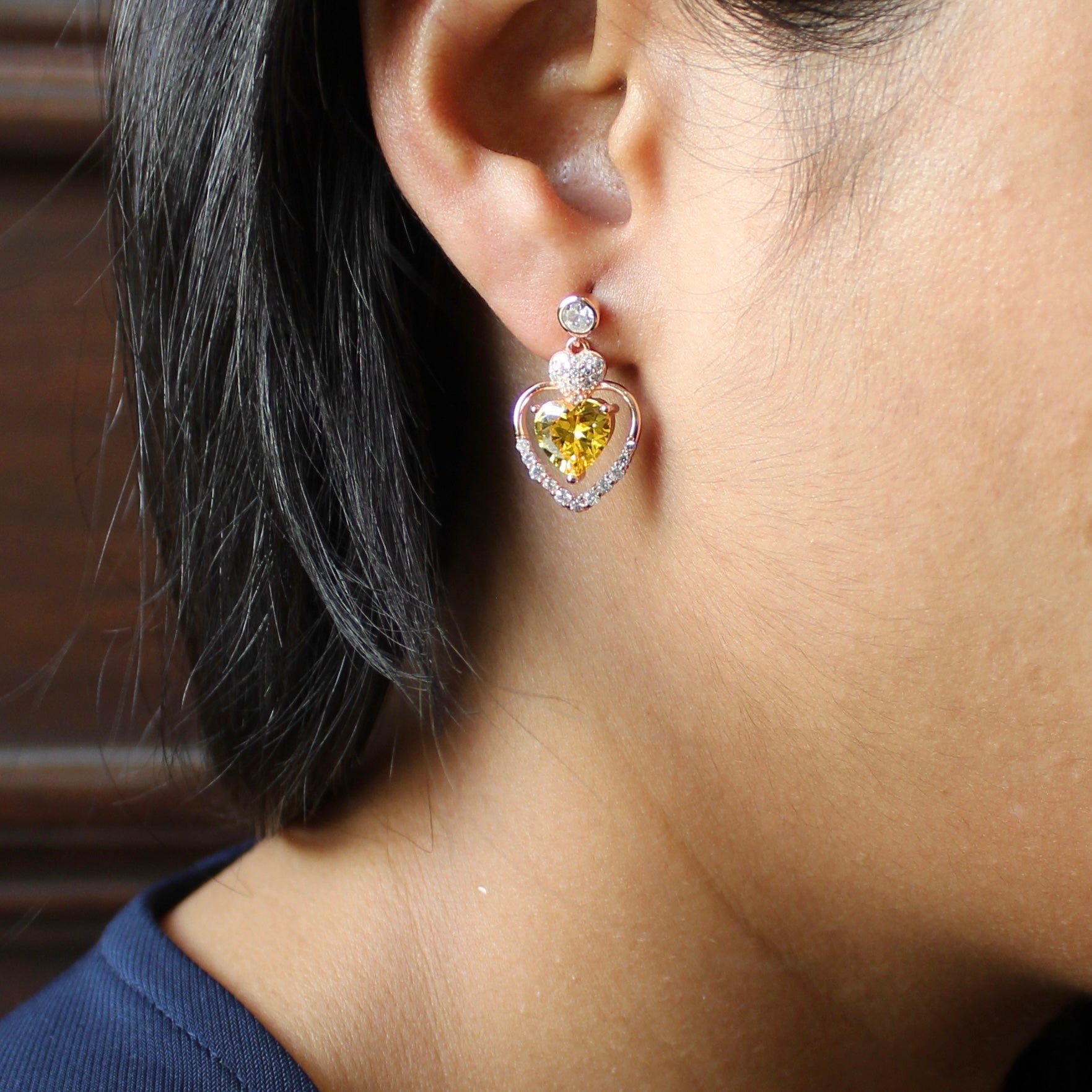 Yellow Stones Heart Drop Earrings in Rose Gold 925 Silver