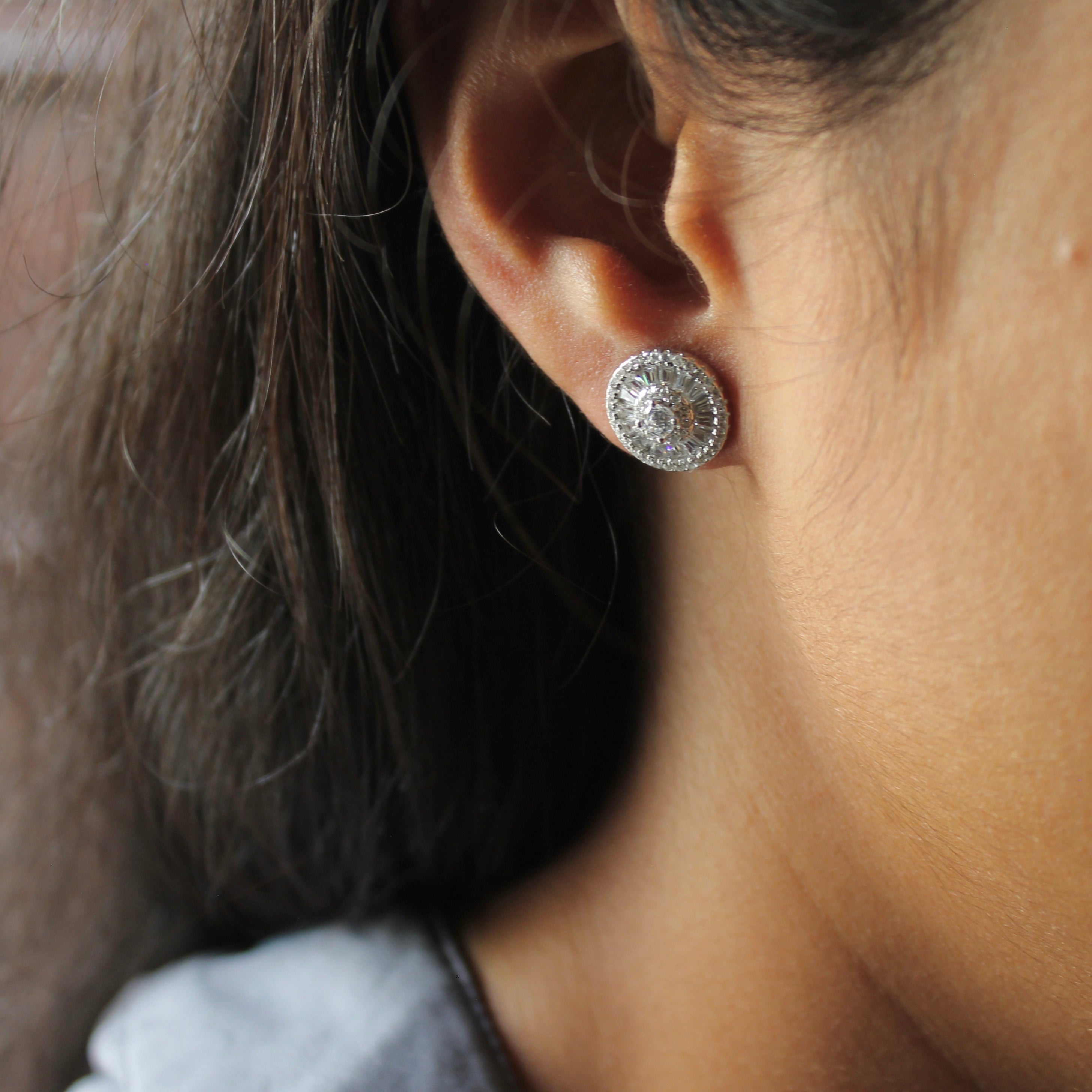 Lined Zircon Stones Studded Round Studs in 925 Silver