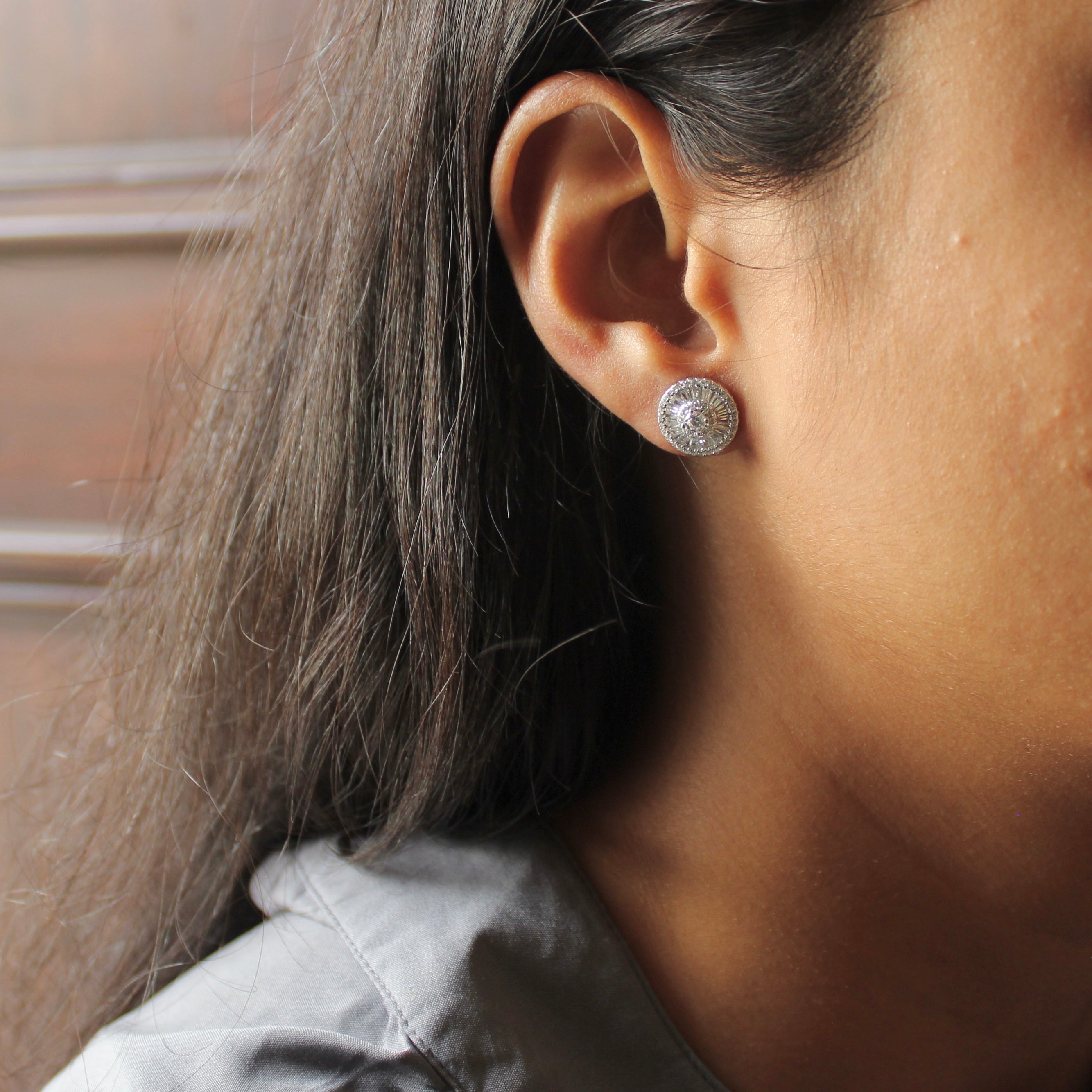 Lined Zircon Stones Studded Round Studs in 925 Silver