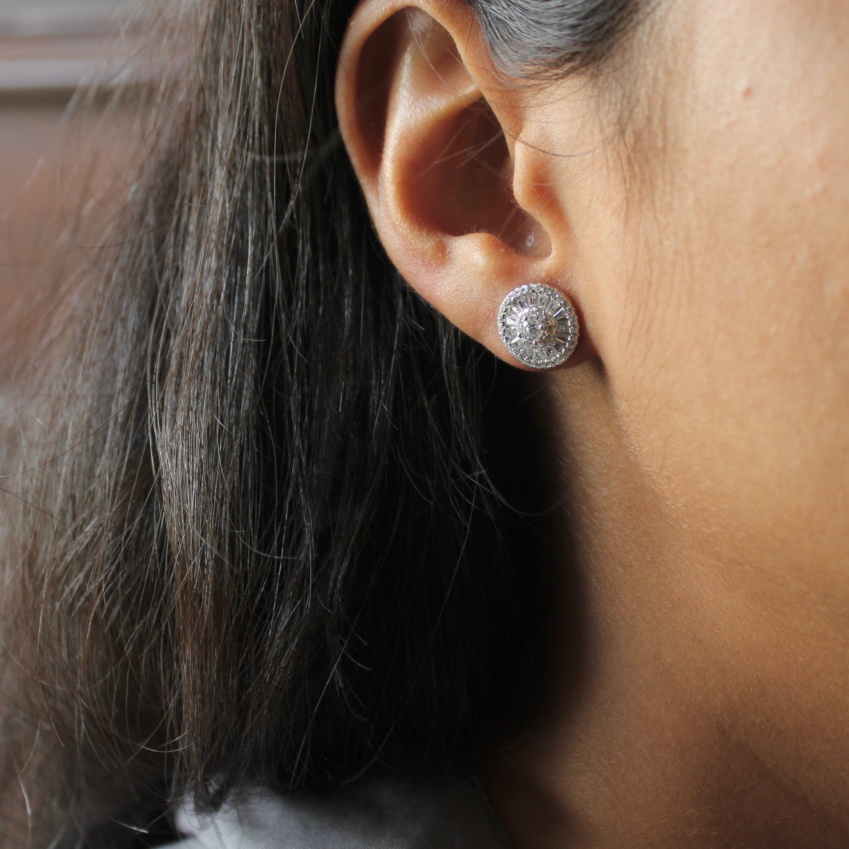 Lined Zircon Stones Studded Round Studs in 925 Silver