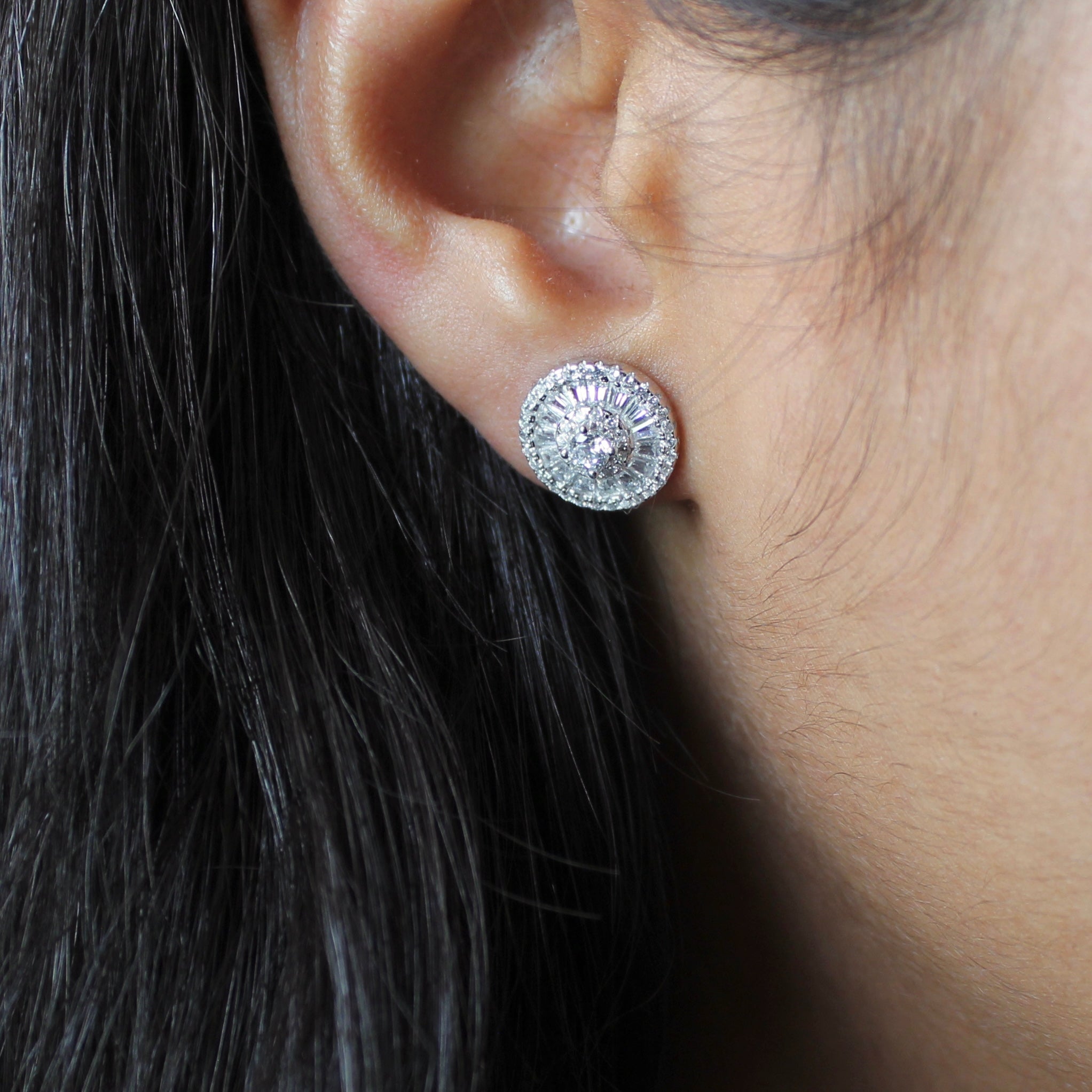 Lined Zircon Stones Studded Round Studs in 925 Silver