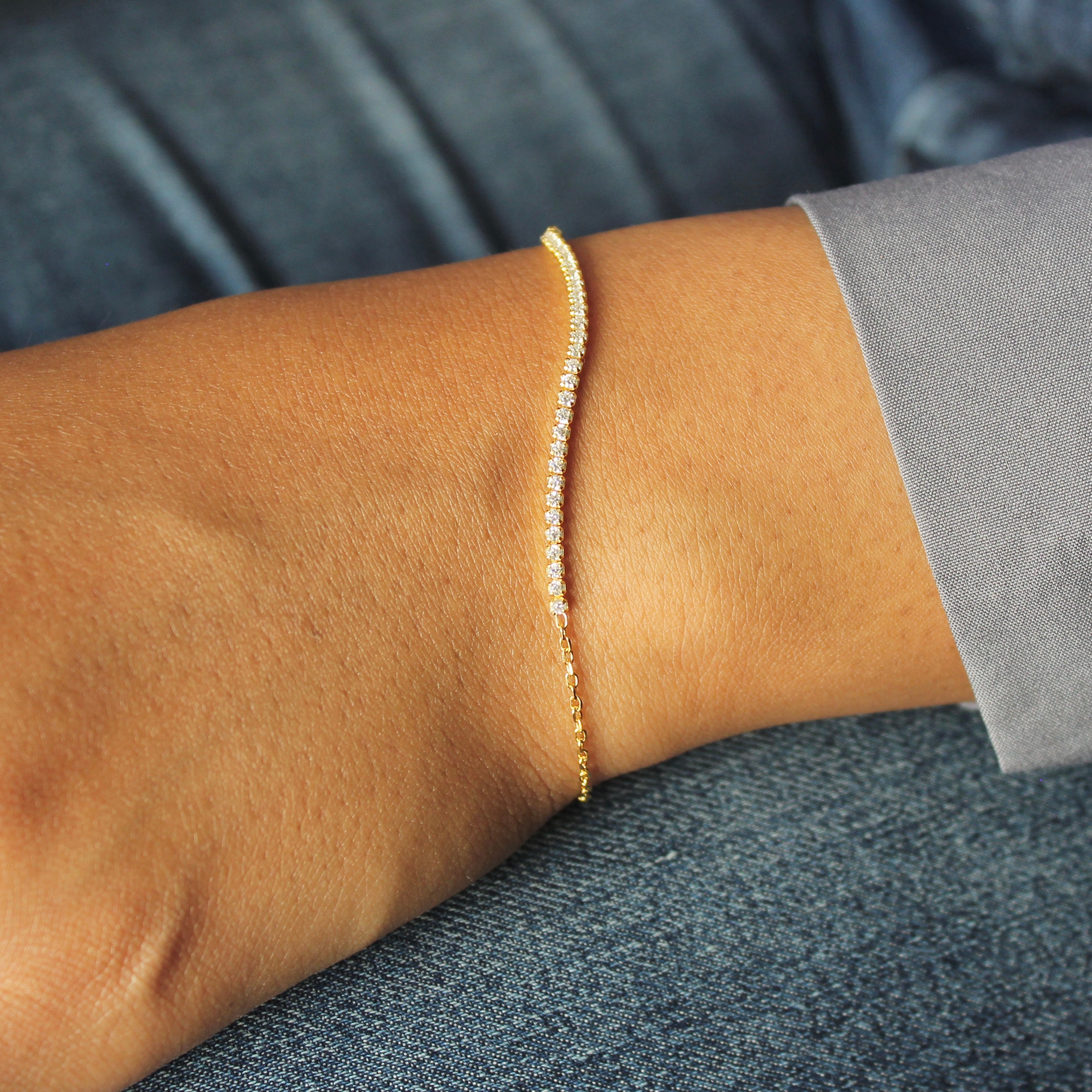 Zircon Stones Sleek Lined 925 Silver Minimal Bracelet in Gold Polish