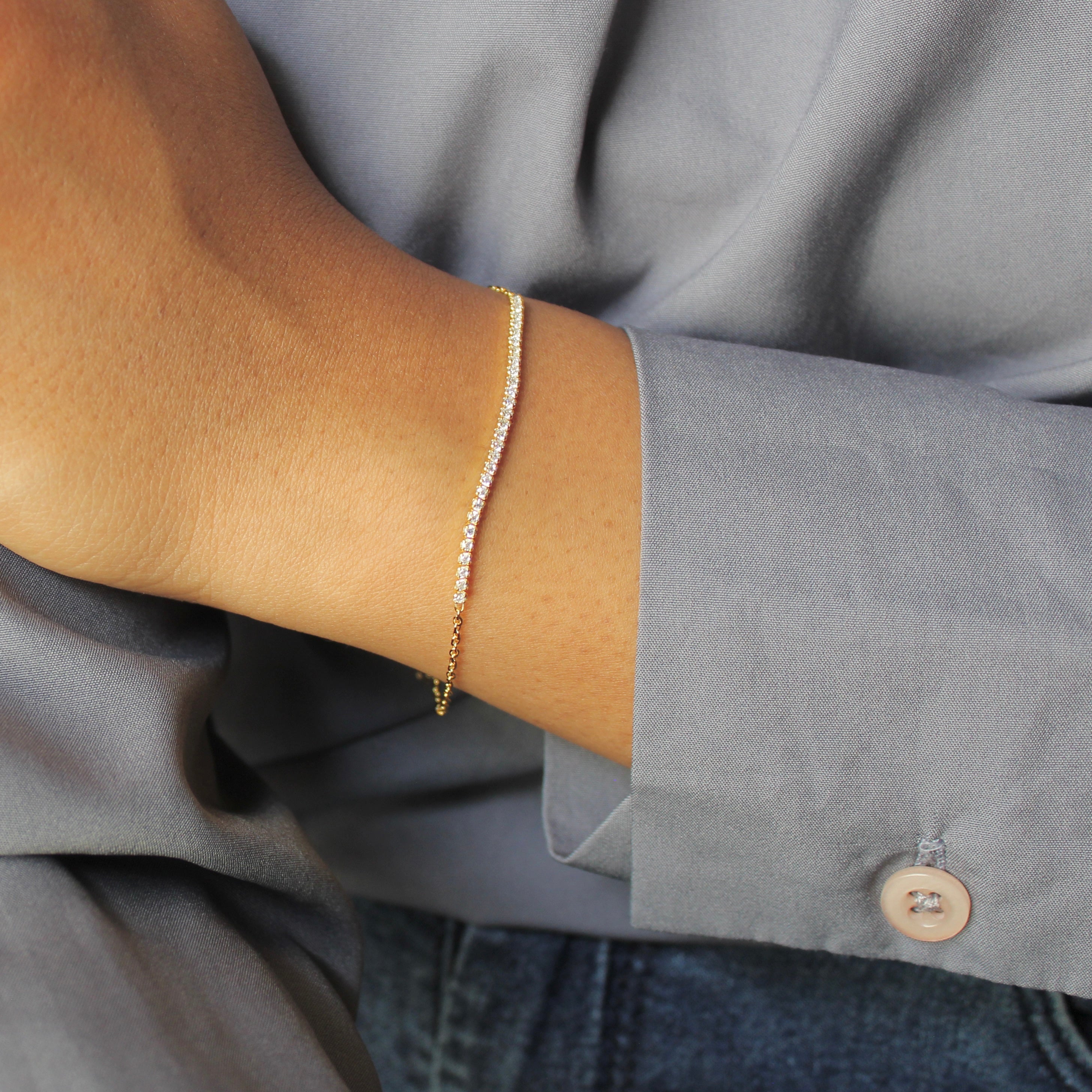 Zircon Stones Sleek Lined 925 Silver Minimal Bracelet in Gold Polish