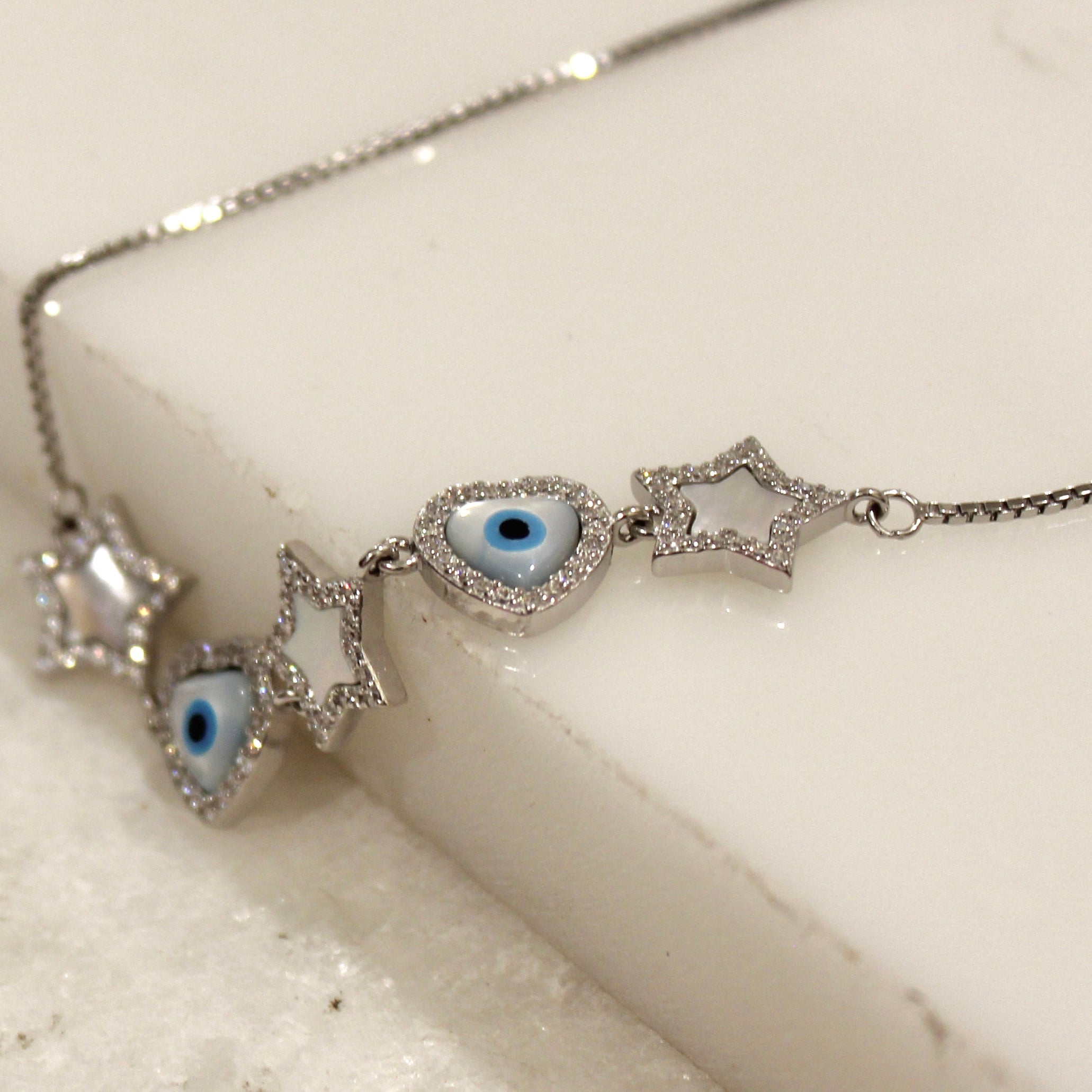 2 hearts 3 Stars Pure Silver Adjustable Bracelet