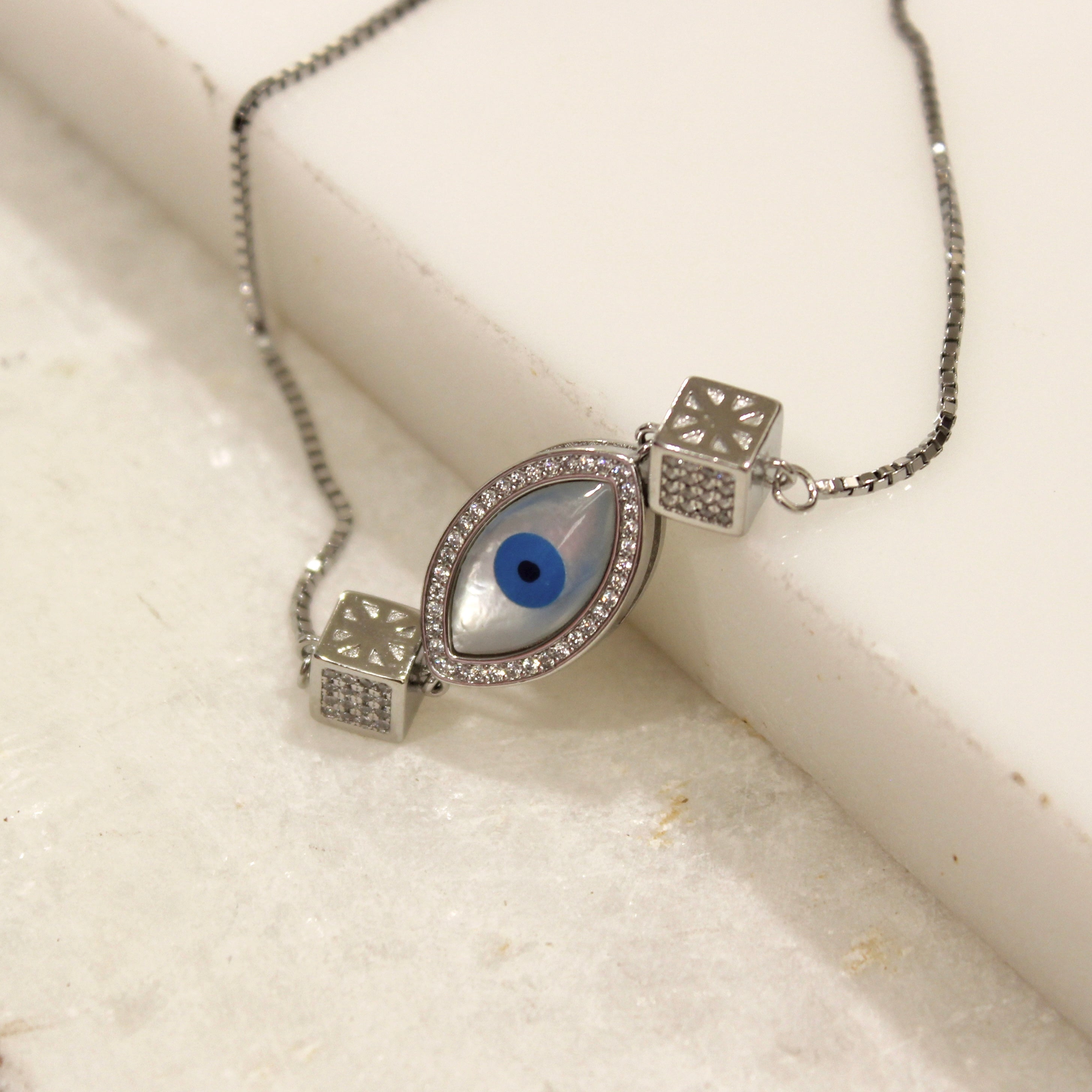 Evil Eye White Charm Oval 925 Silver Adjustable Bracelet