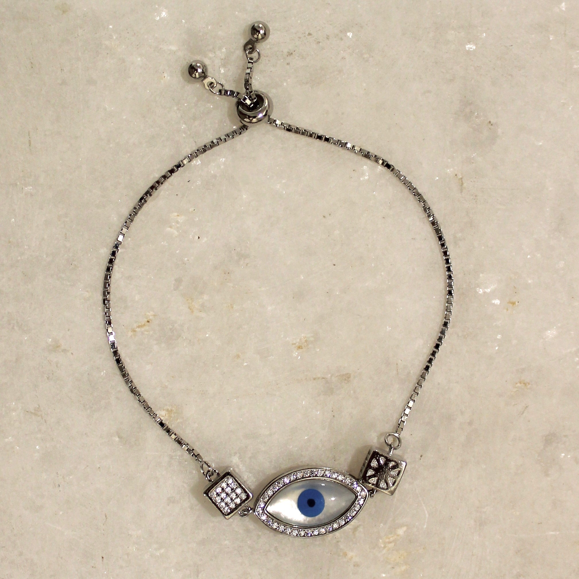 Evil Eye White Charm Oval 925 Silver Adjustable Bracelet
