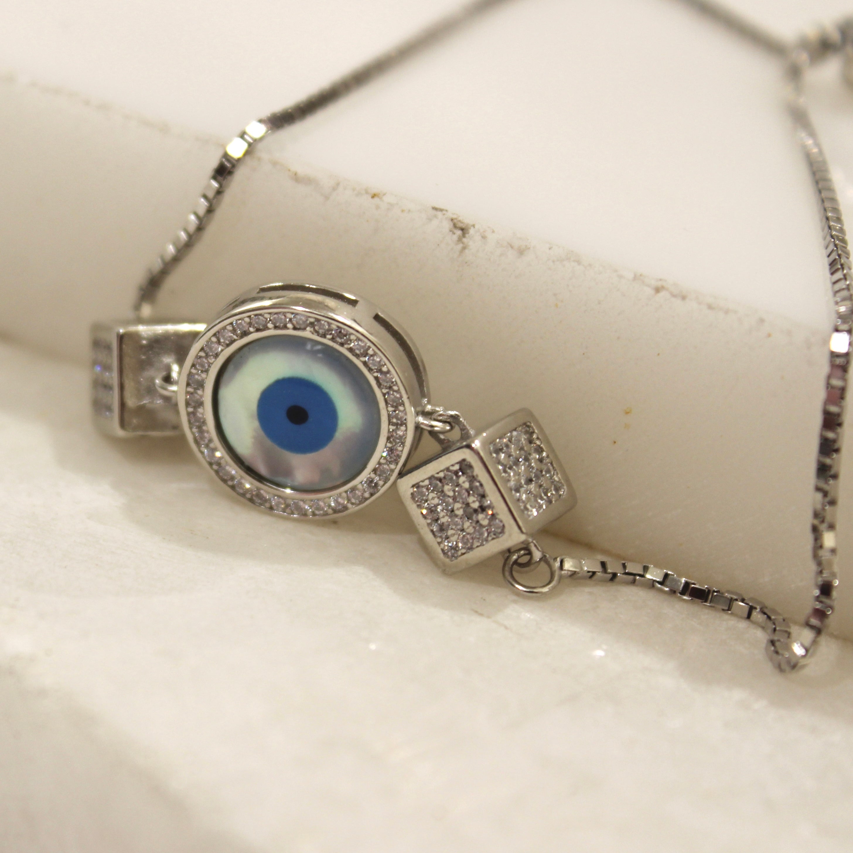 Evil Eye White Charm Circle Cube 925 Silver Adjustable Bracelet