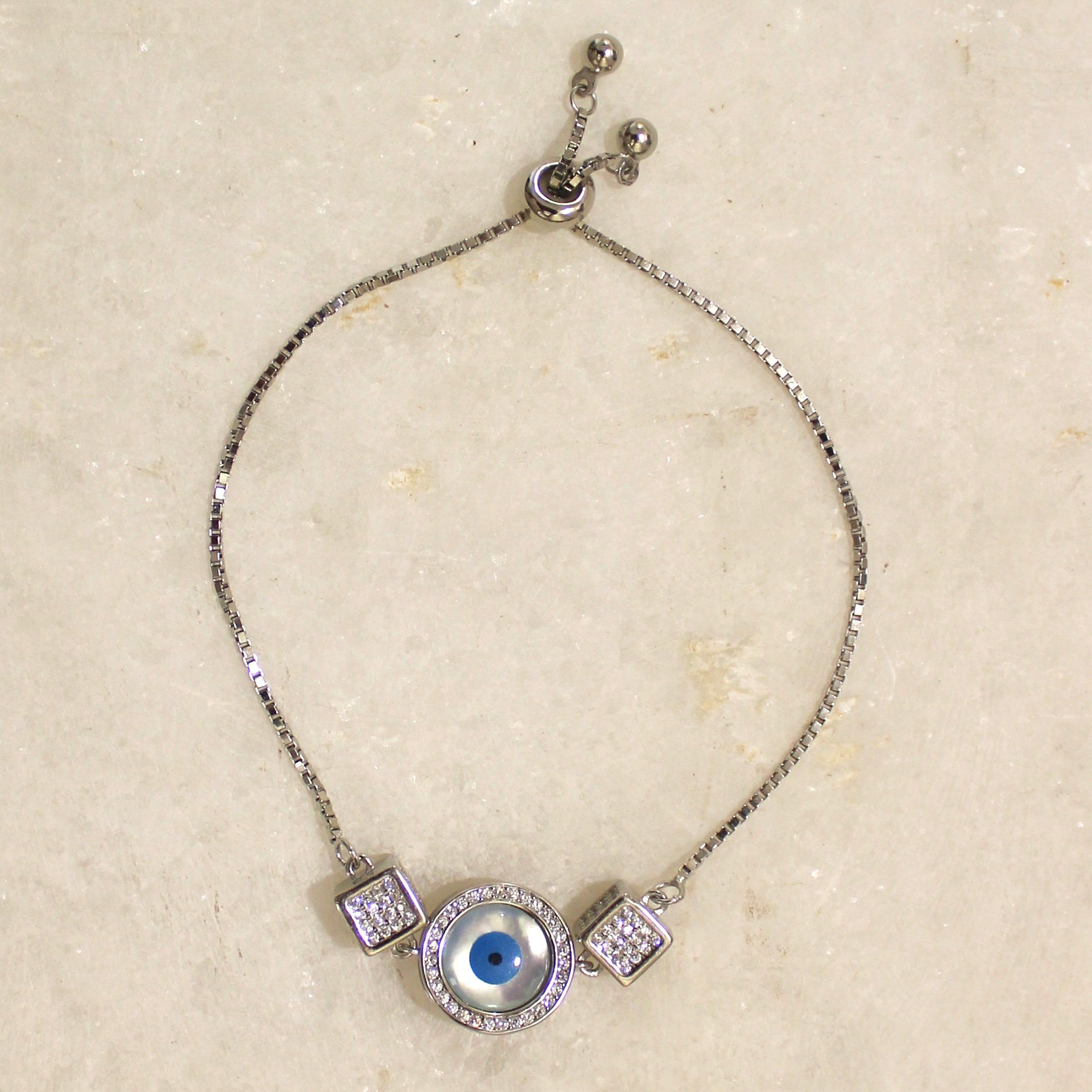 Evil Eye White Charm Circle Cube 925 Silver Adjustable Bracelet