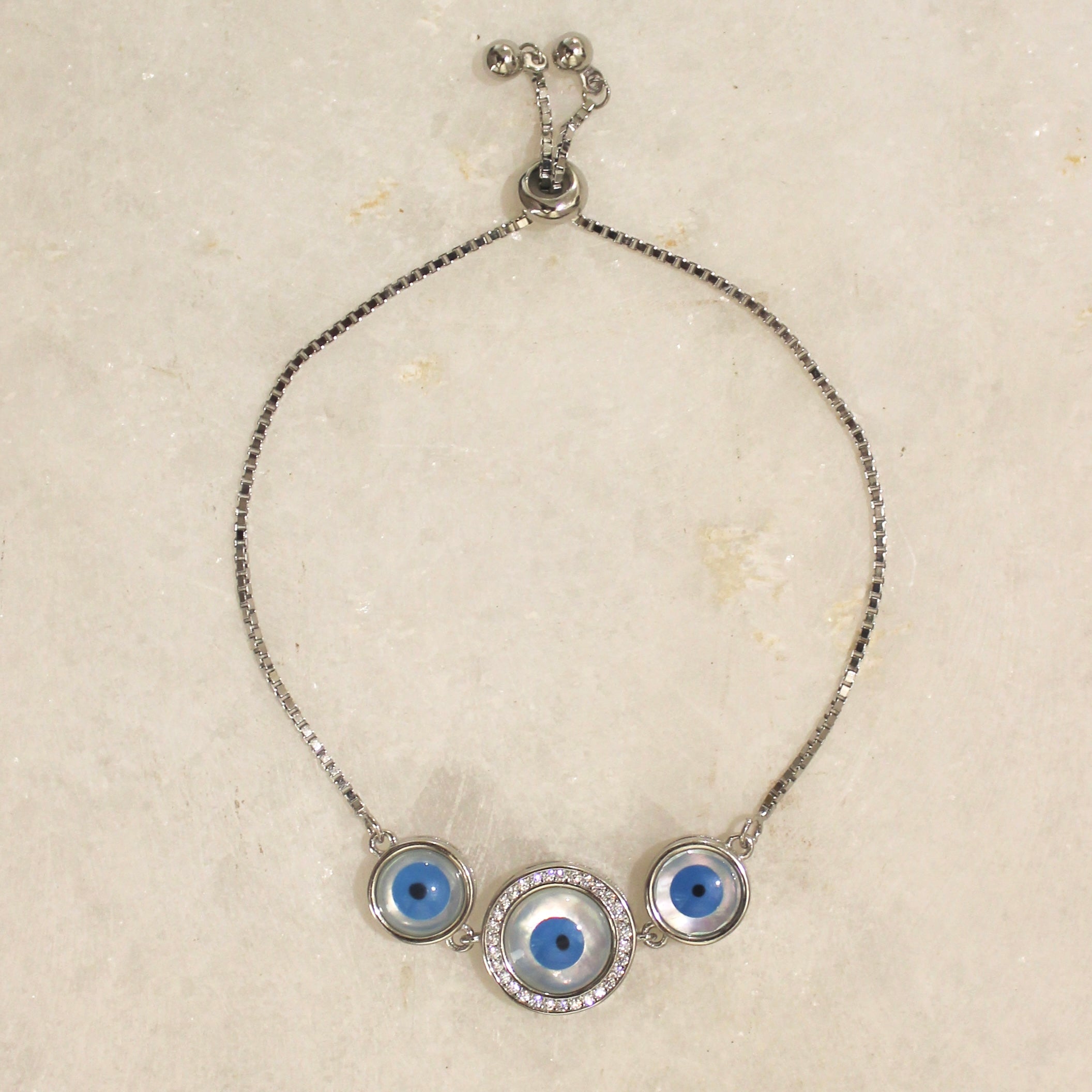 3 Circles Evil Eye Pure Silver Adjustable Bracelet in 925 Silver