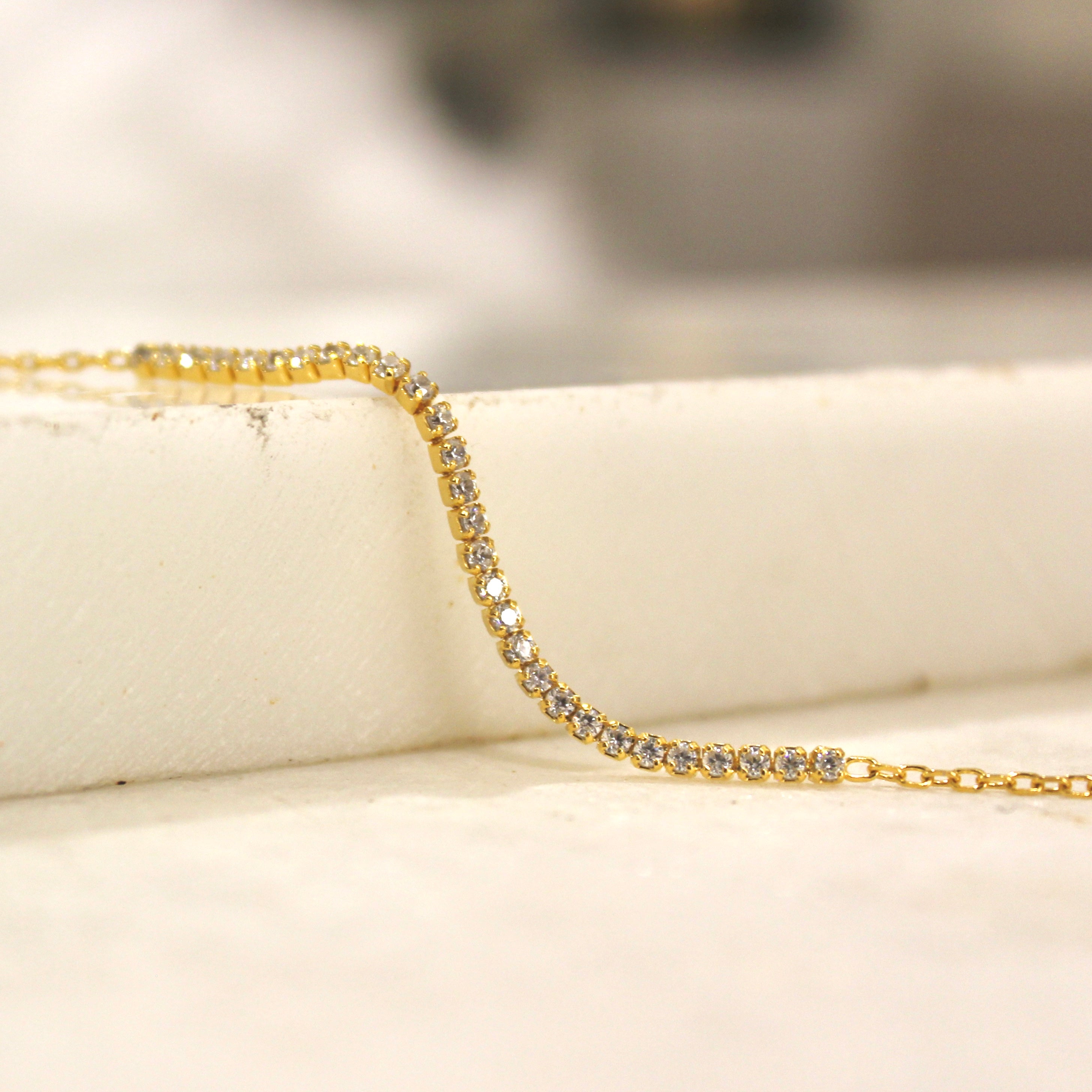 Zircon Stones Sleek Lined 925 Silver Minimal Bracelet in Gold Polish