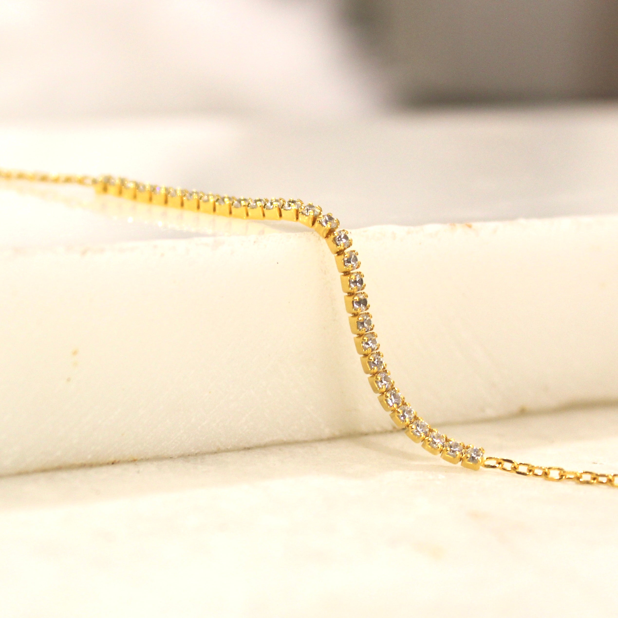 Zircon Stones Sleek Lined 925 Silver Minimal Bracelet in Gold Polish