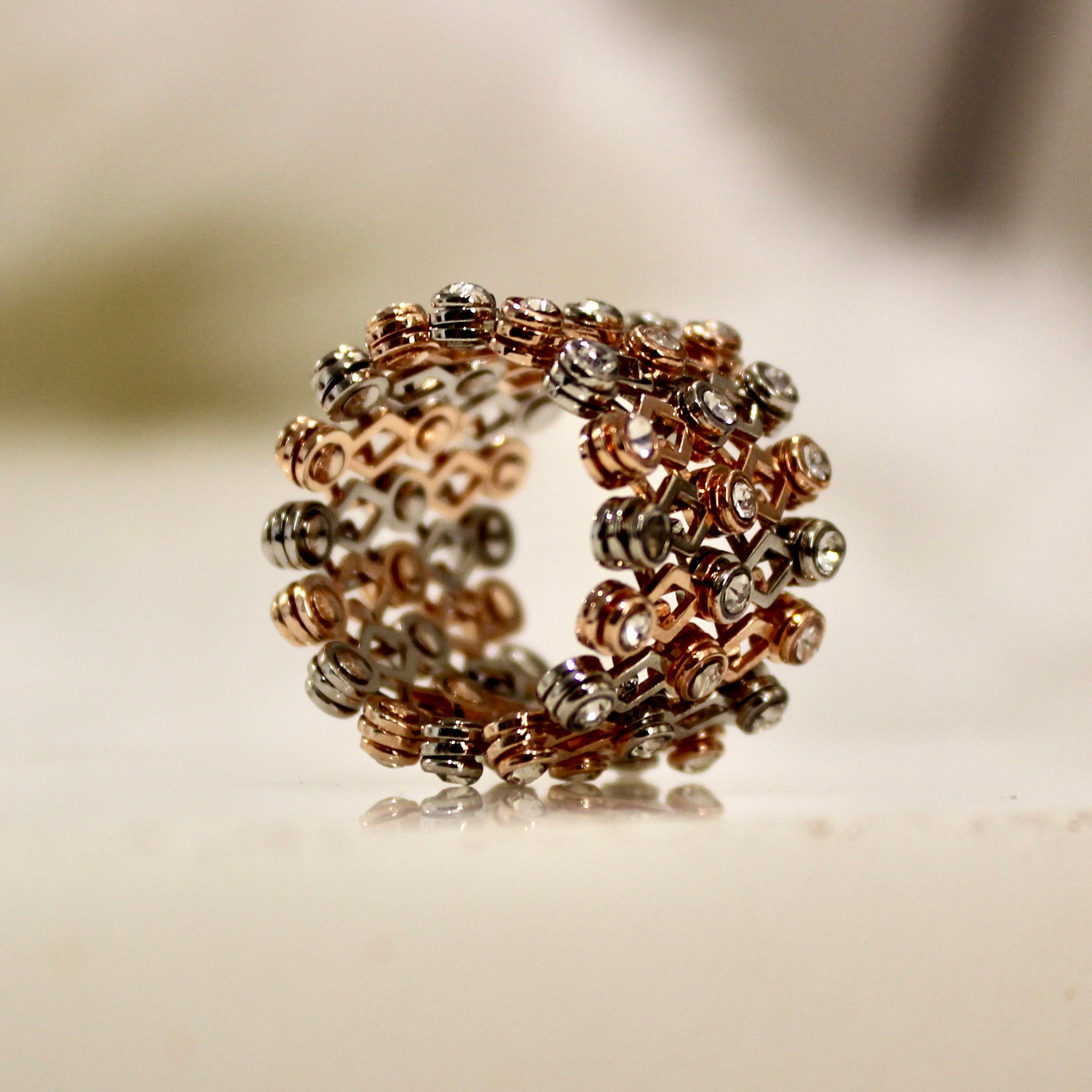 92.5 Sterling Silver Diamond Zigzag Ring cum Bracelet Rose Gold with Stones
