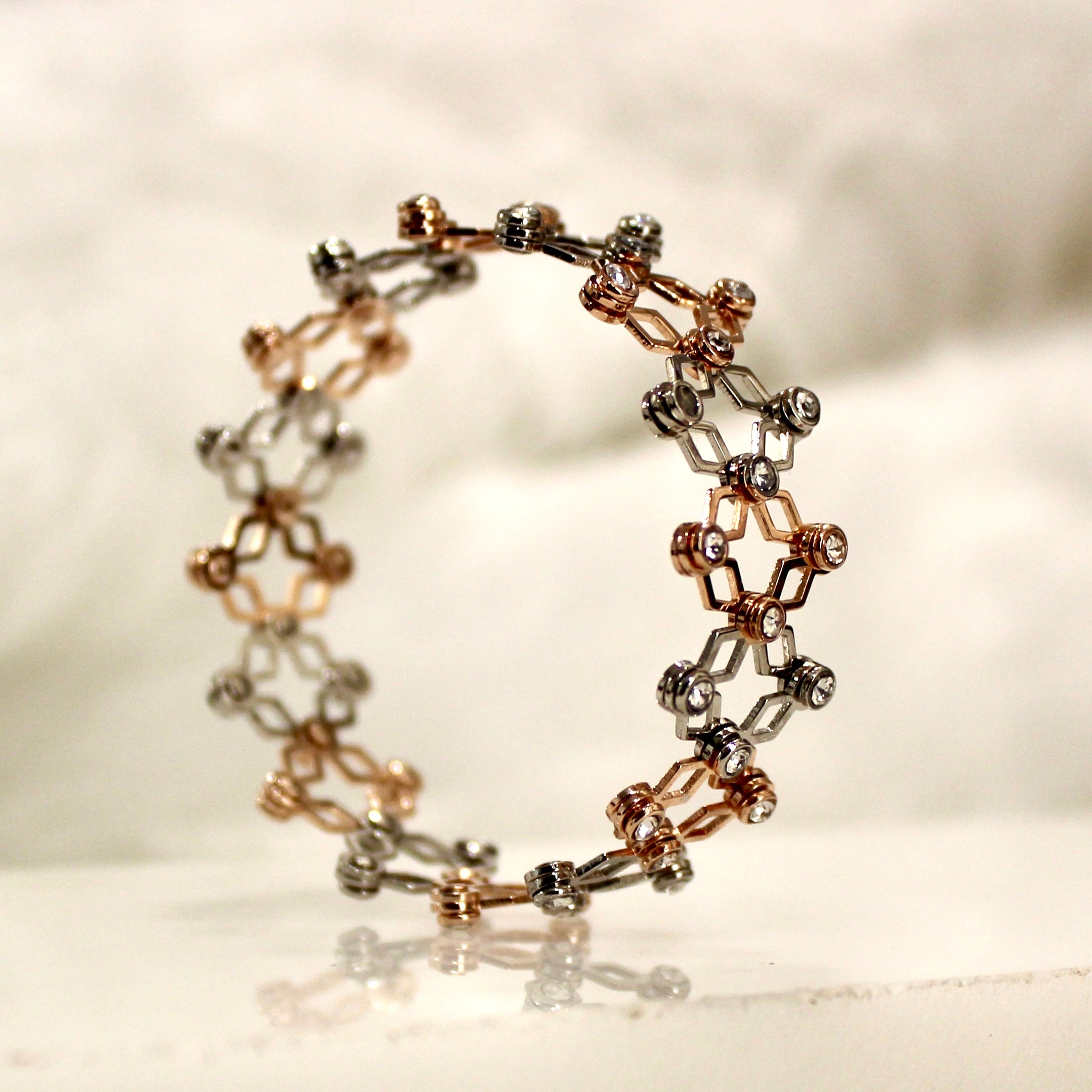 92.5 Sterling Silver Diamond Zigzag Ring cum Bracelet Rose Gold with Stones