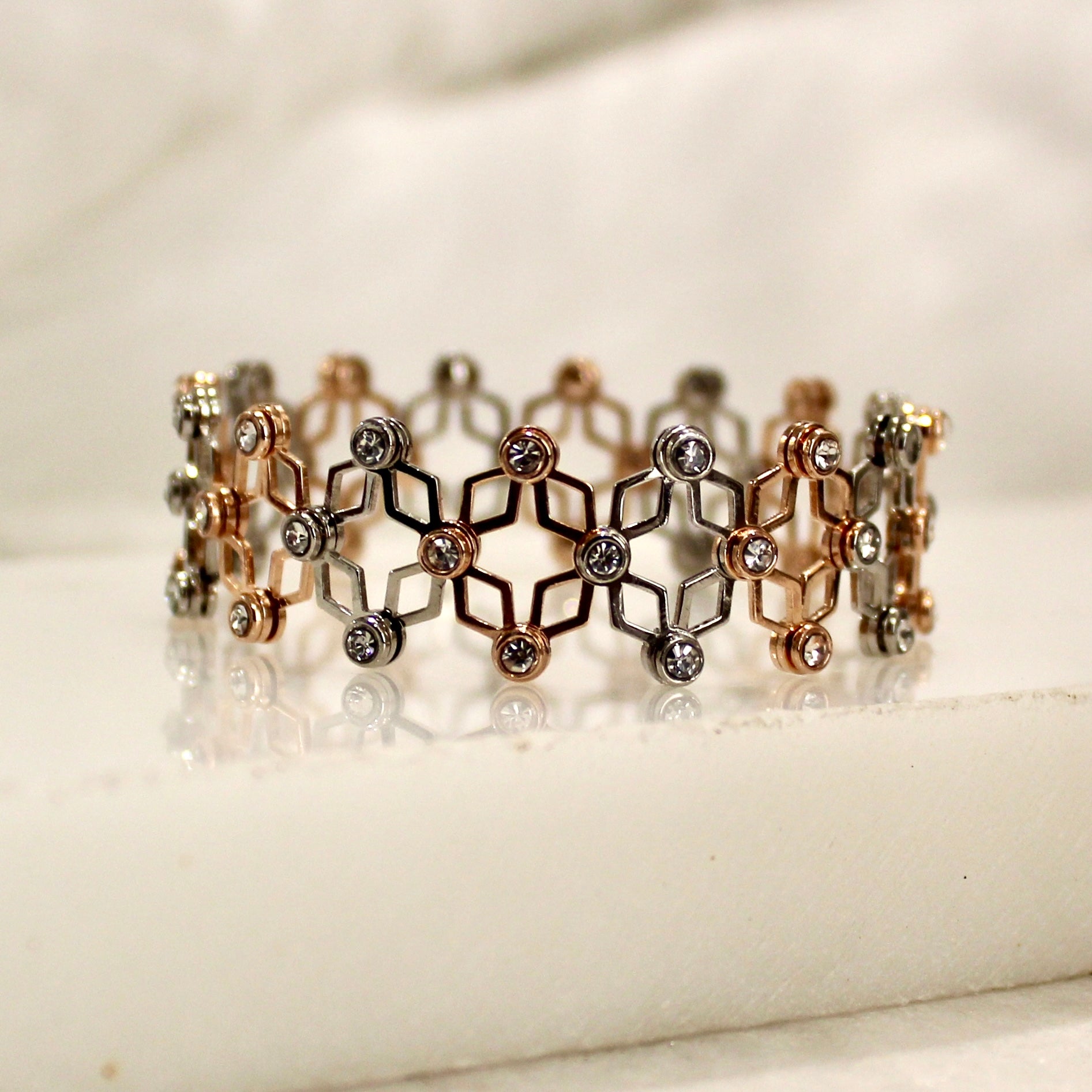 92.5 Sterling Silver Diamond Zigzag Ring cum Bracelet Rose Gold with Stones