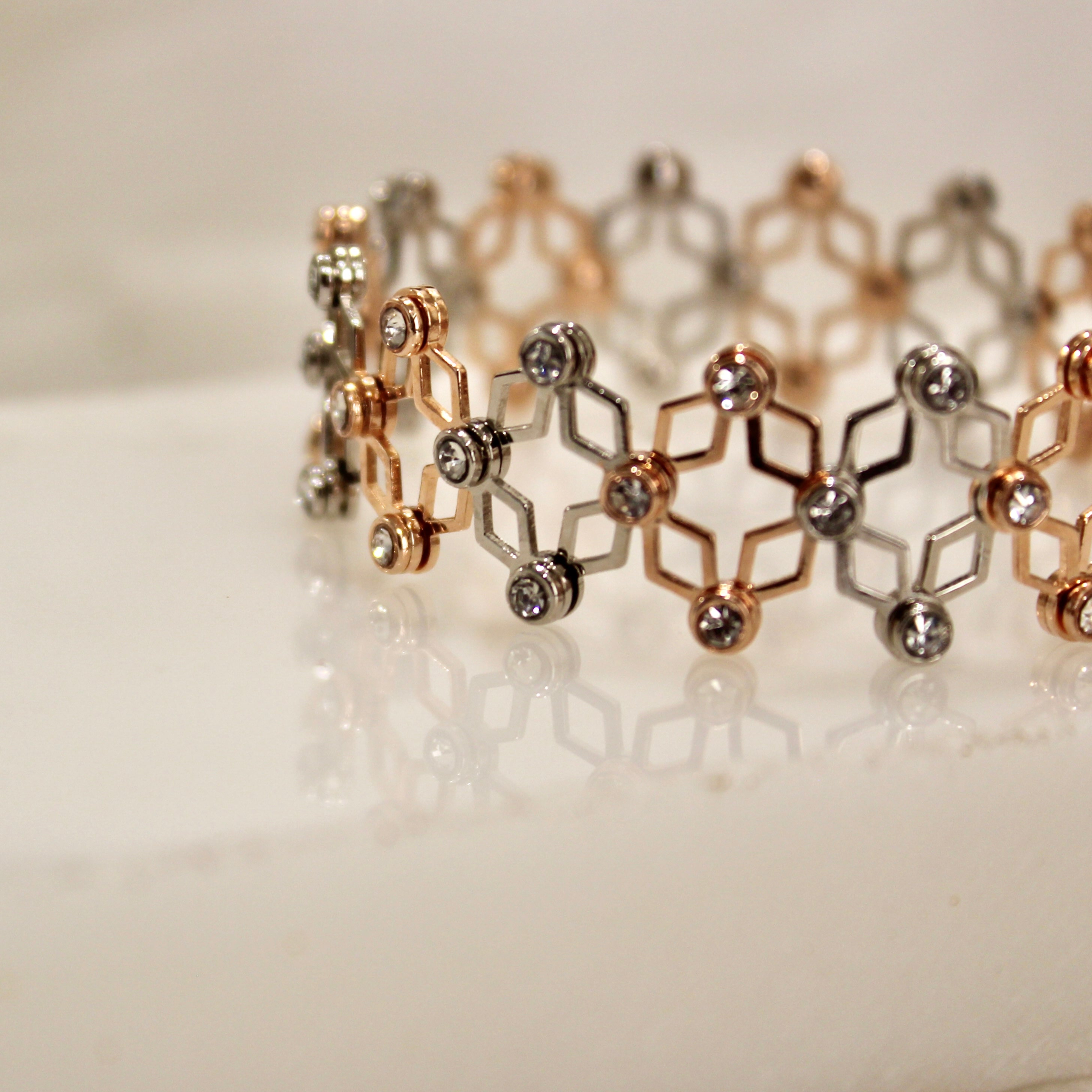 92.5 Sterling Silver Diamond Zigzag Ring cum Bracelet Rose Gold with Stones